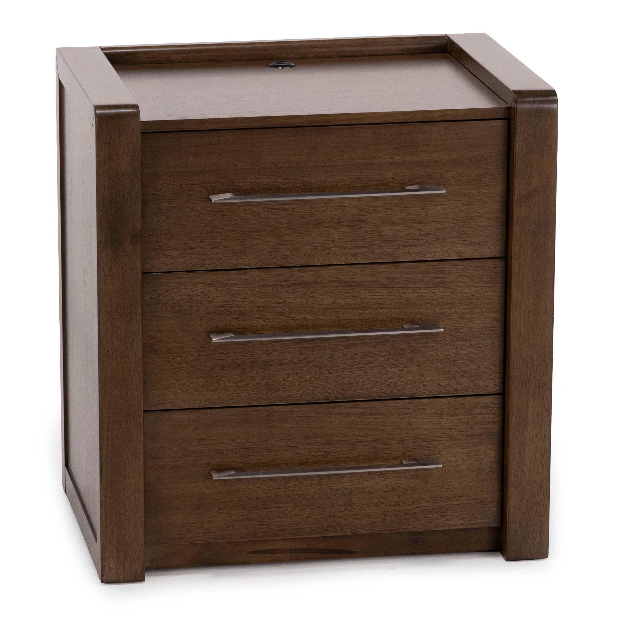 Brown wooden box with three drawers and metal handles.