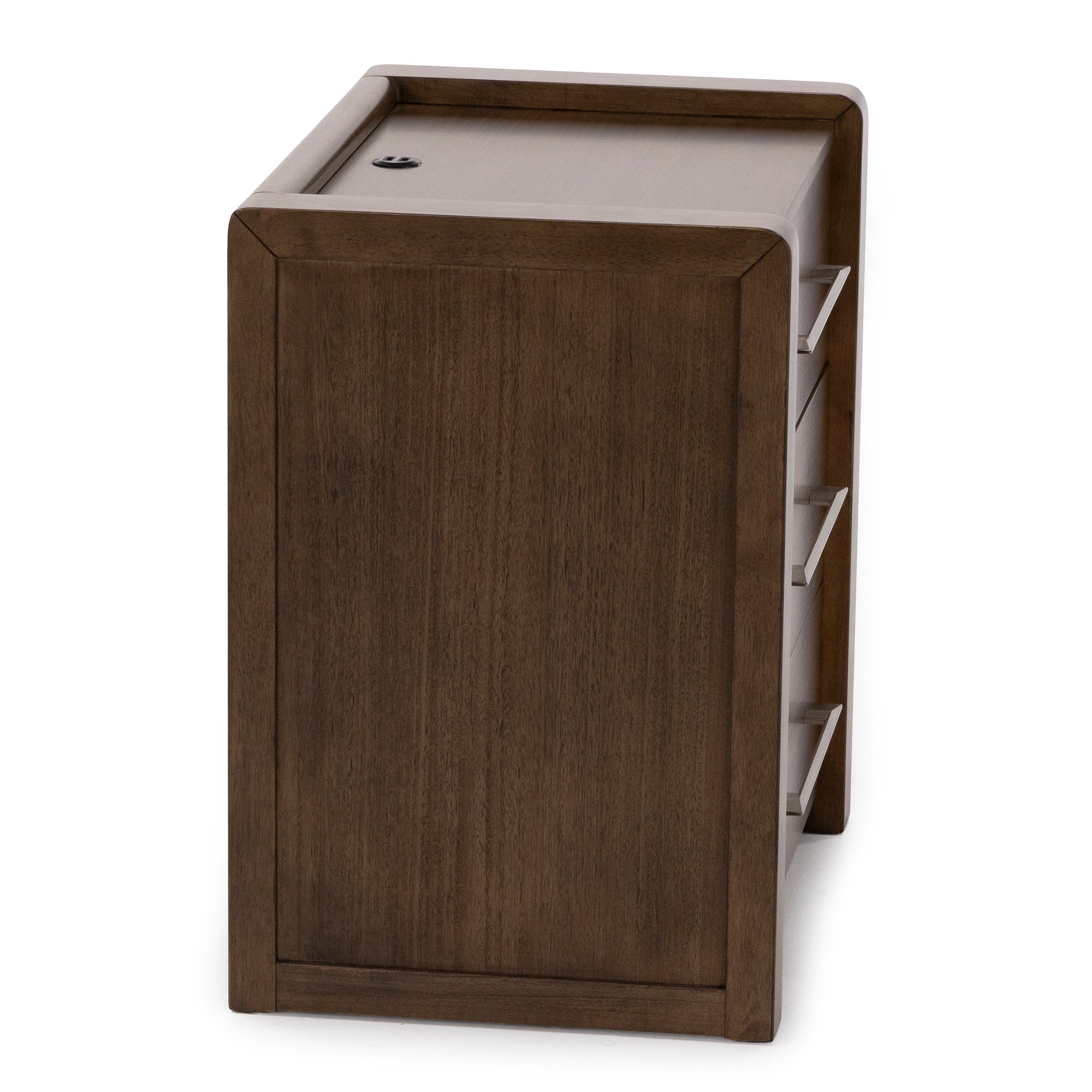 Side view of a wooden file cabinet with three drawers and cable access on top.