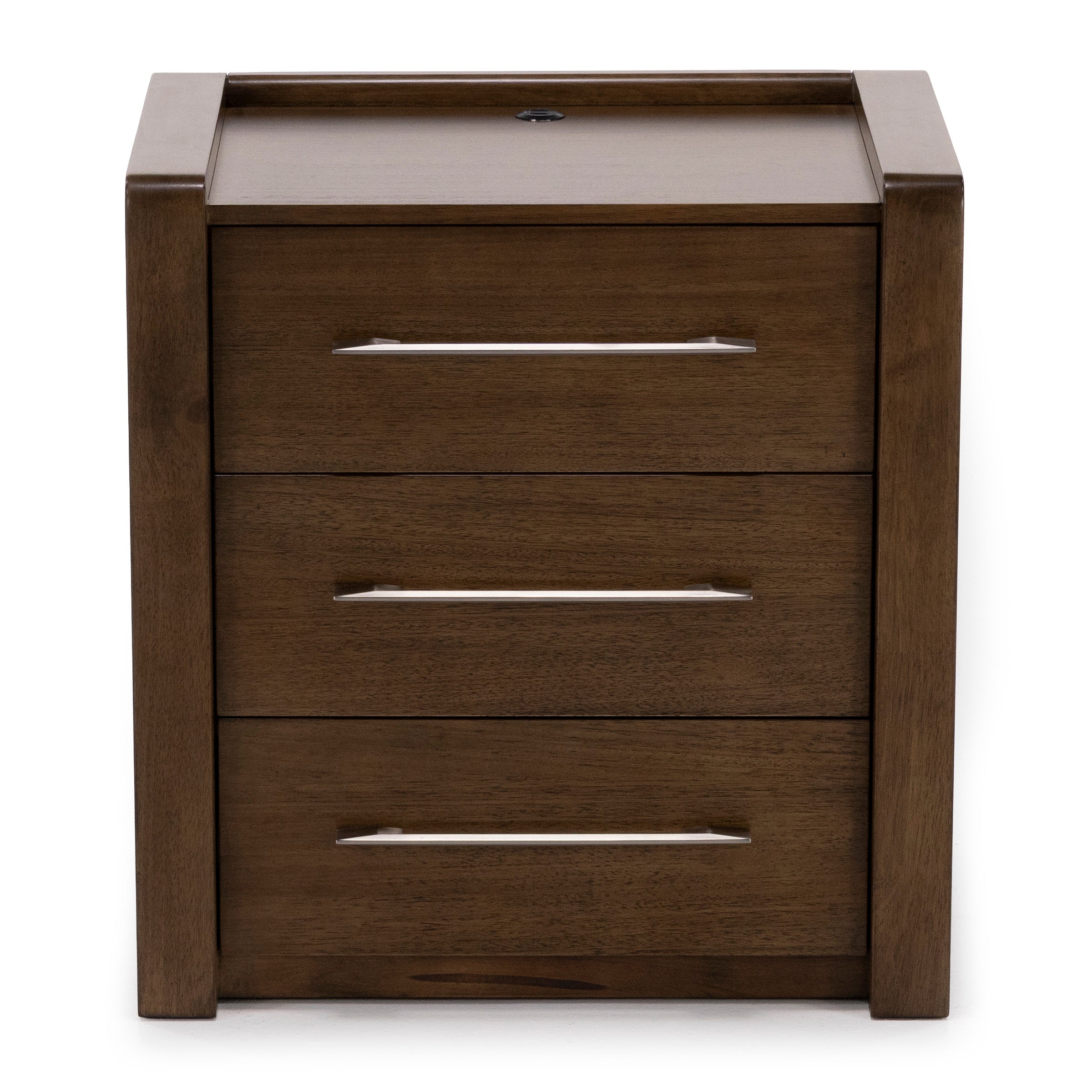 Front view of a small wooden chest with three drawers and metal handles.