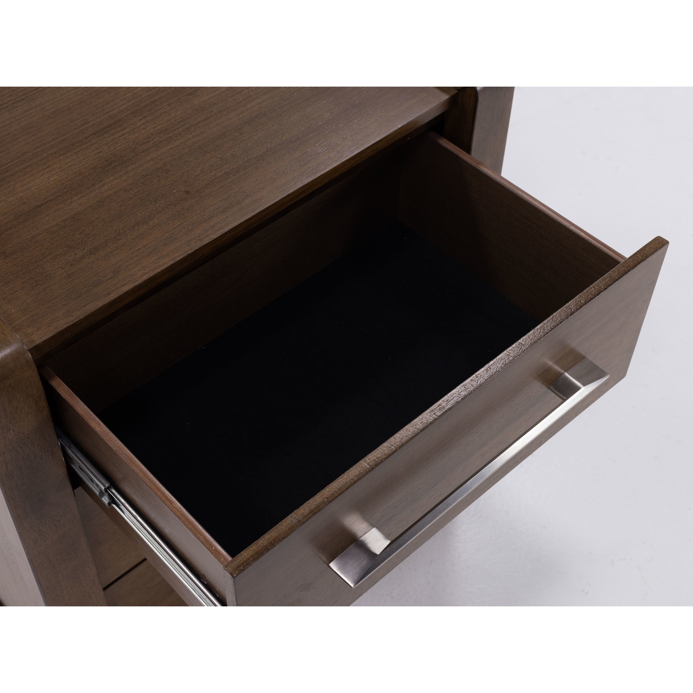 Open wooden drawer with metal handle, shown empty on a white background.