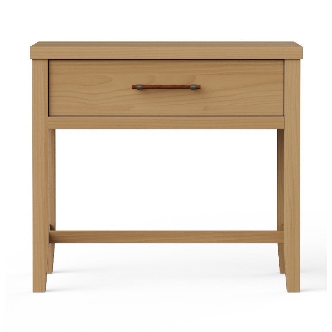 Light wood nightstand with a single drawer and metal handle, modern minimalist style.