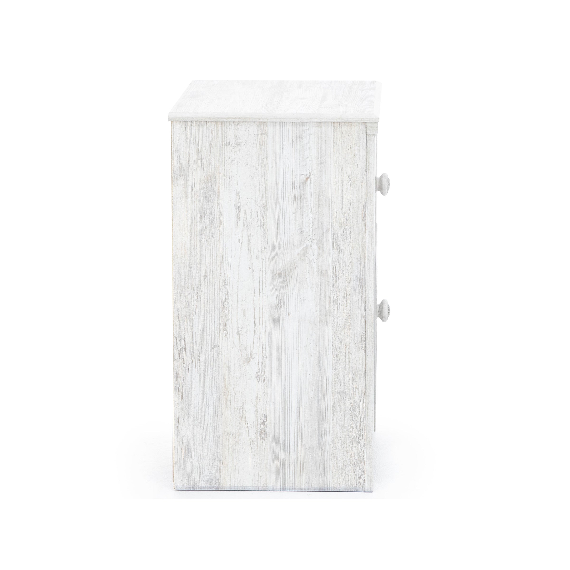 Side view of a white wood nightstand with two drawer knobs visible.