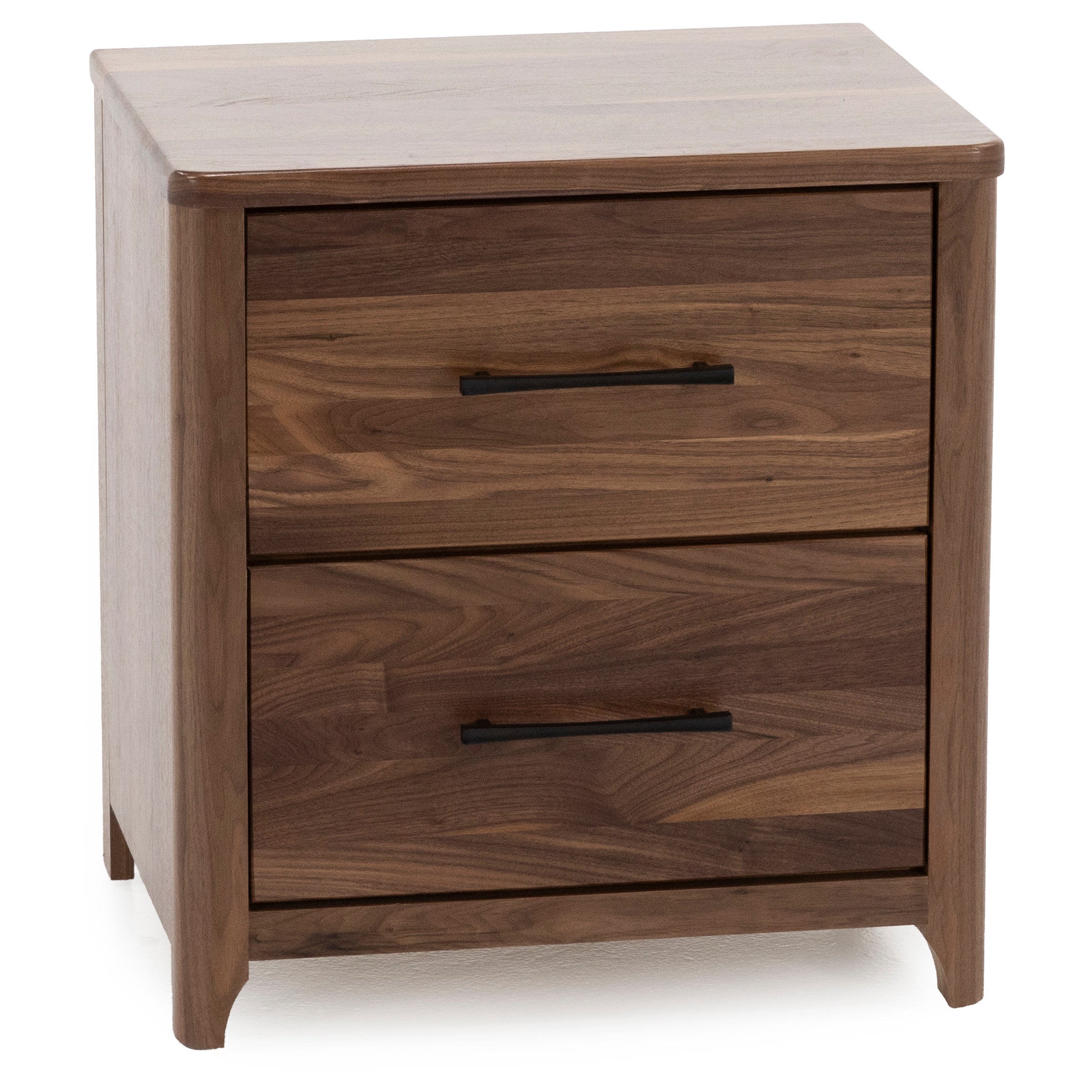 Two-drawer wooden nightstand with black handles.