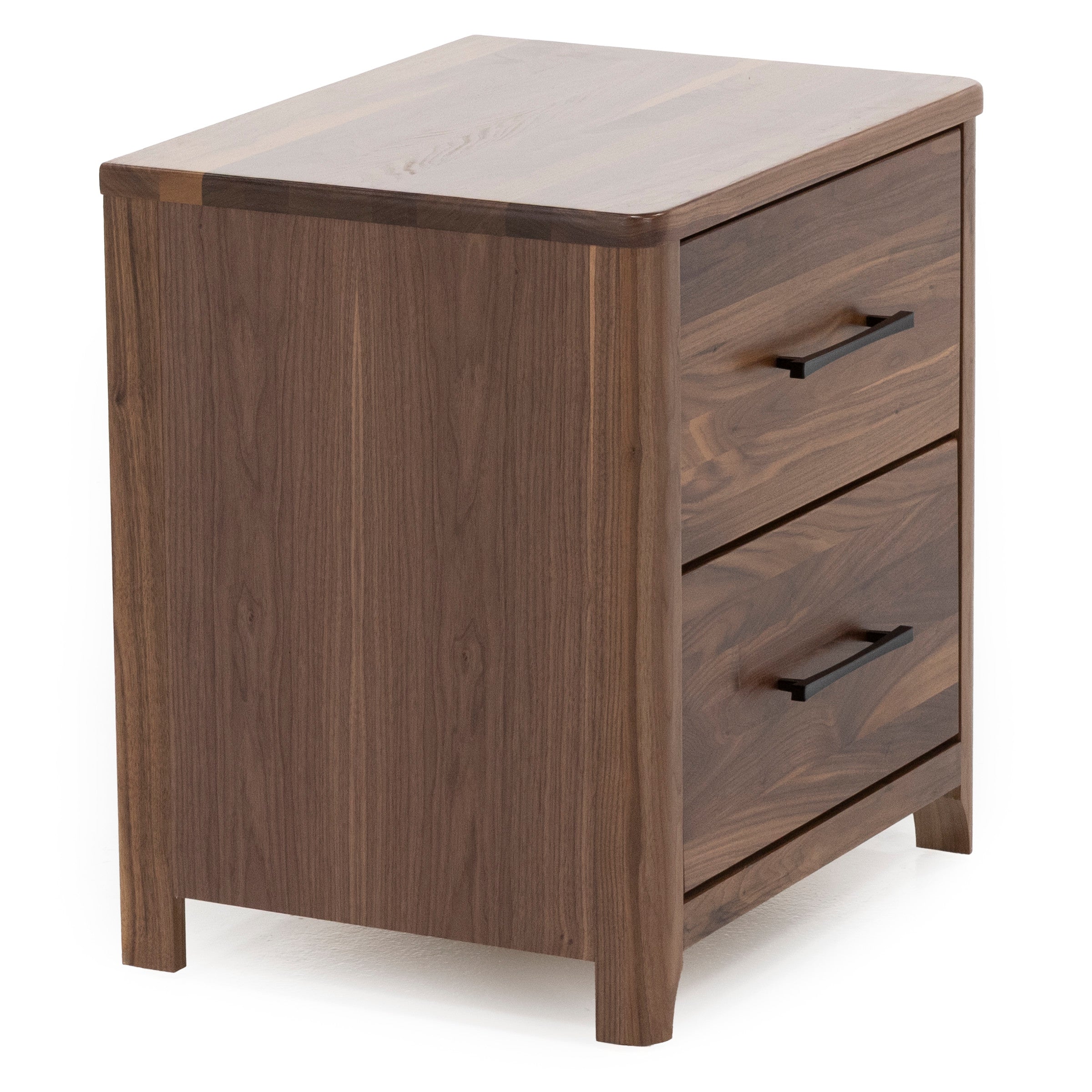 Wooden two-drawer nightstand with black metal handles.