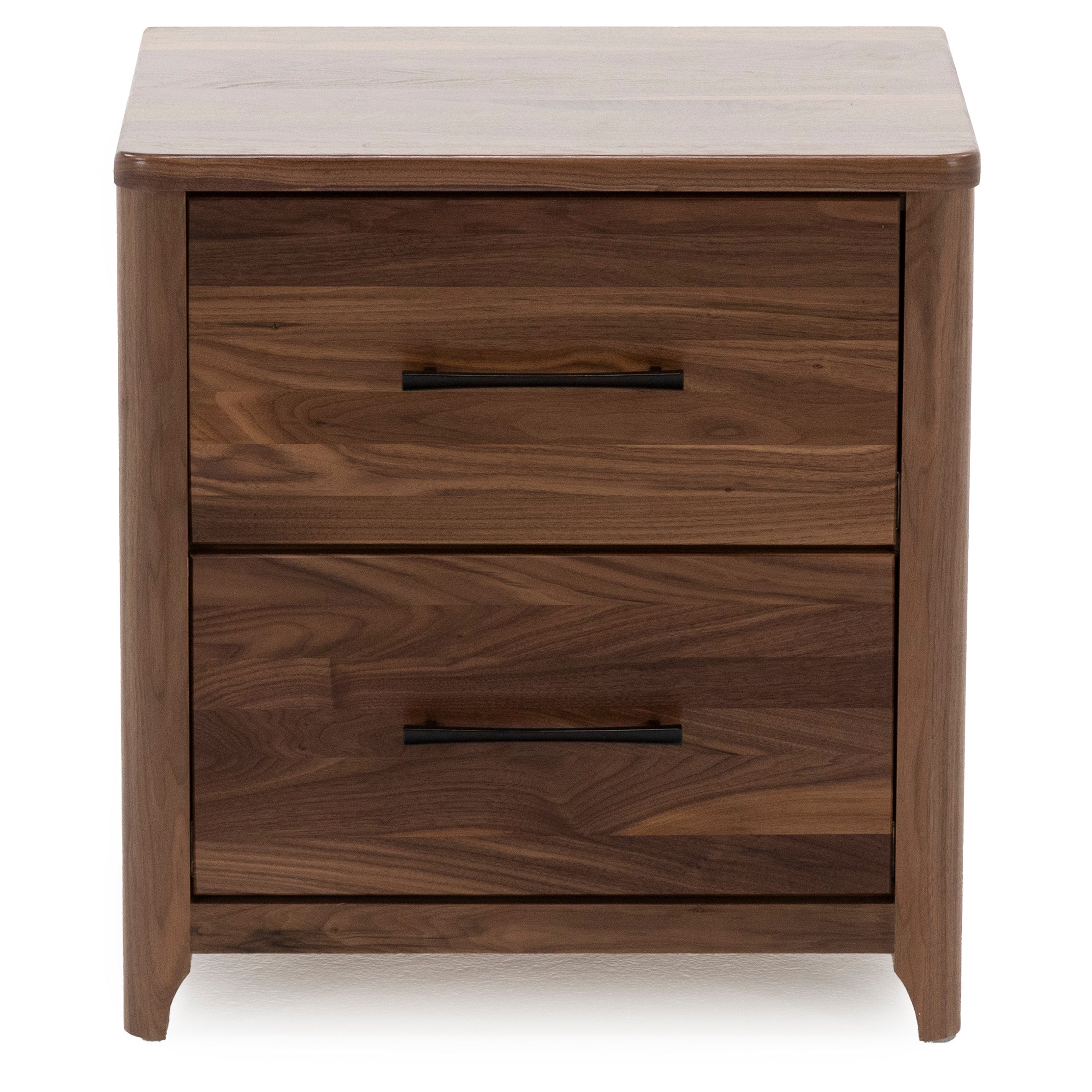 Wooden nightstand with two drawers and black handles, viewed from the front.