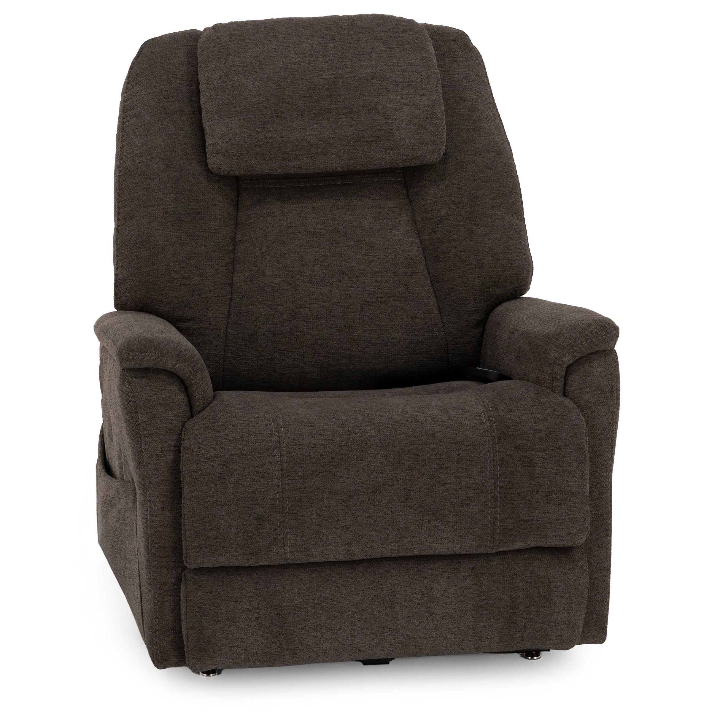 Dark brown upholstered recliner chair with padded arms and headrest.