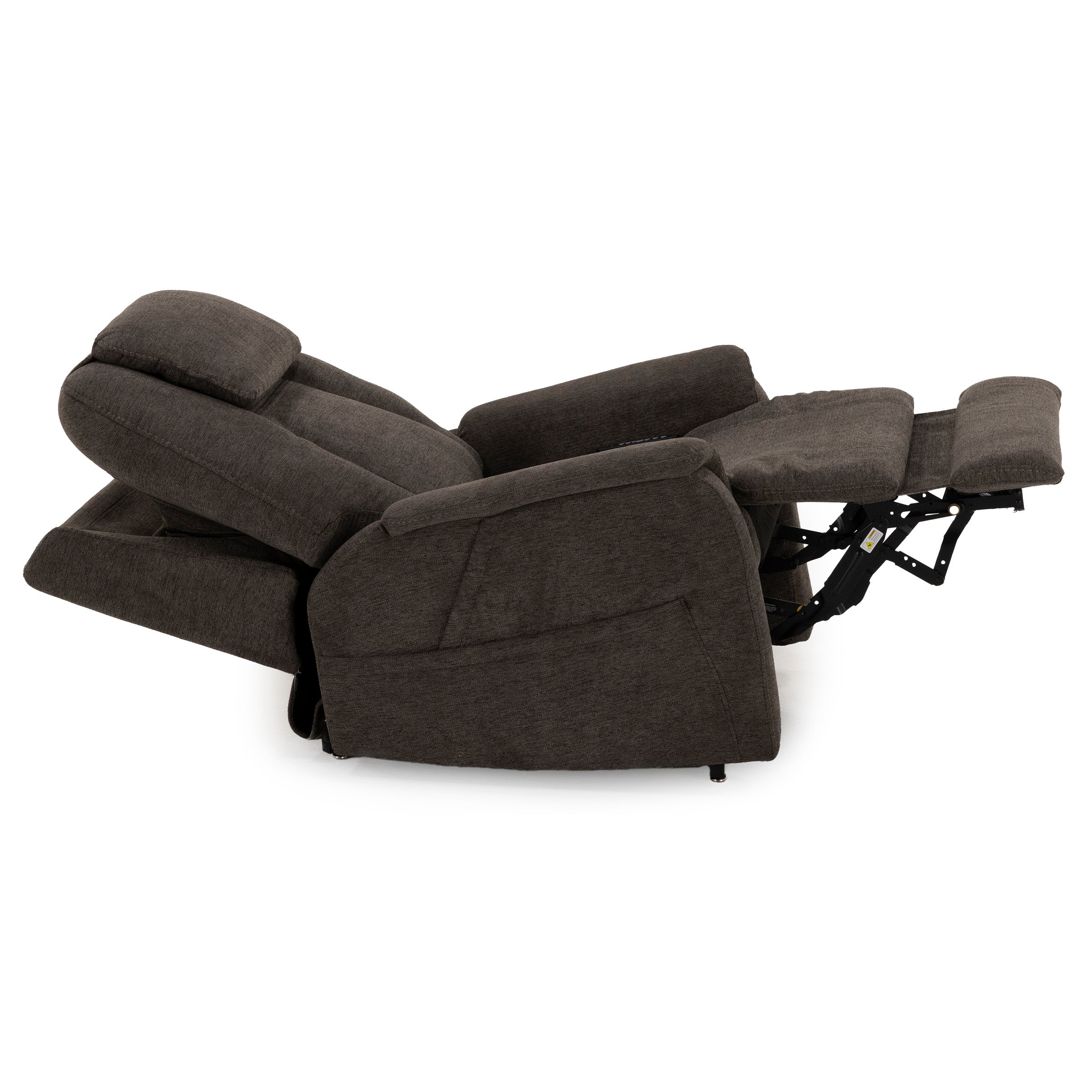 Side view of a dark fabric recliner with extended footrest and tilted backrest.