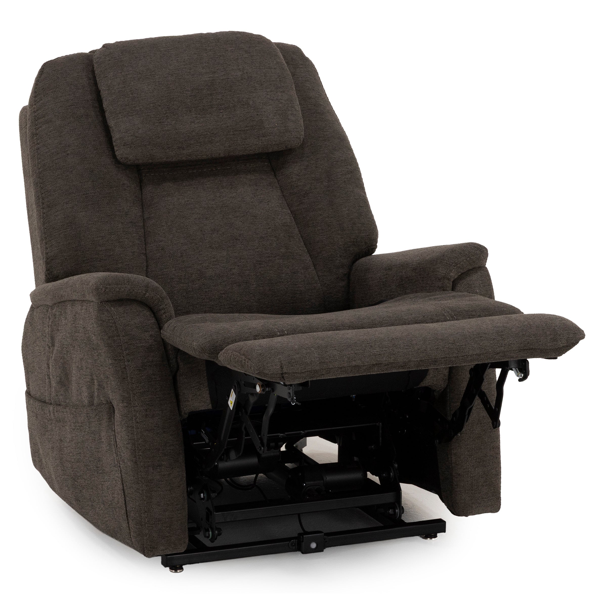 Dark fabric recliner chair with extended footrest.