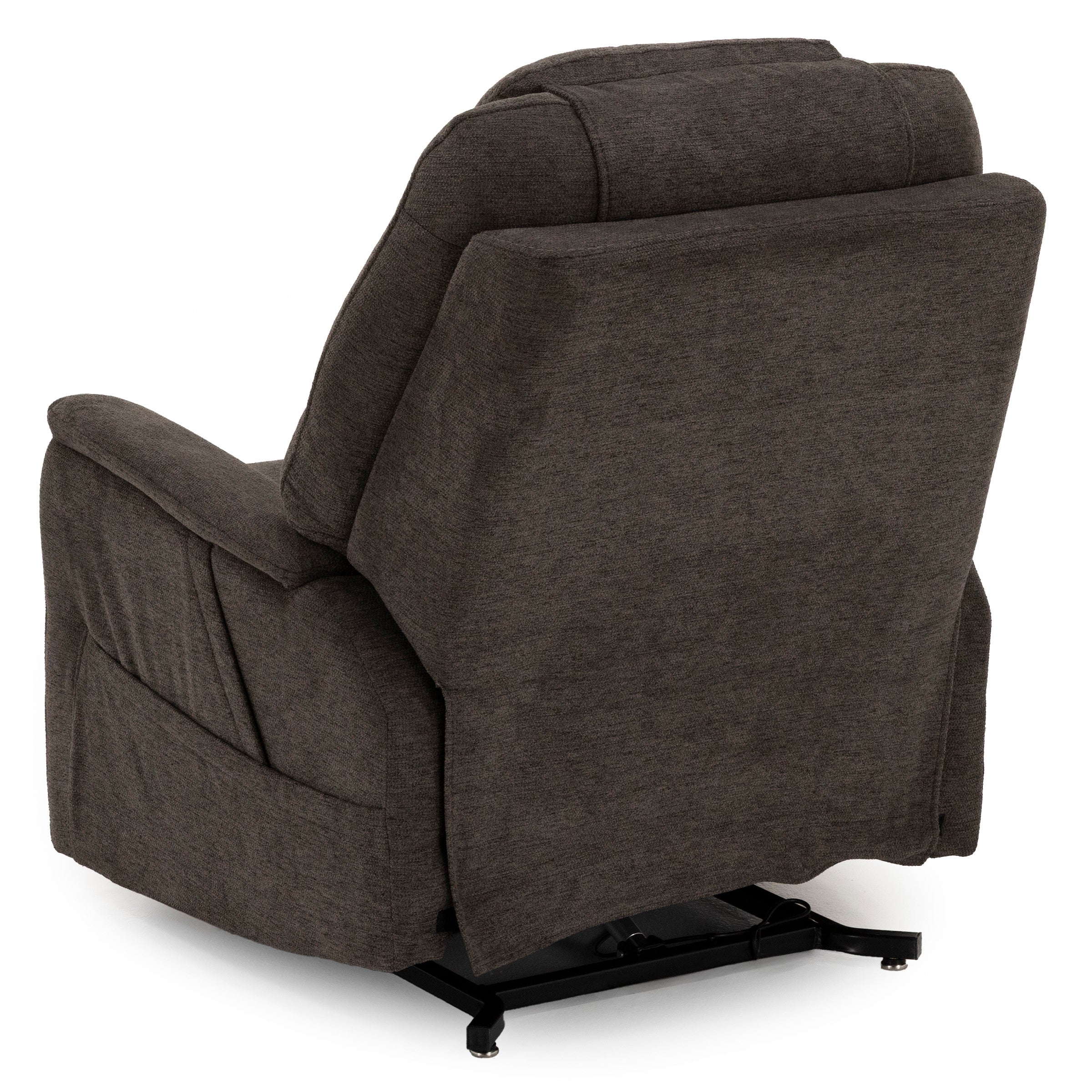 Back view of a brown fabric recliner chair showing its cushioned design.
