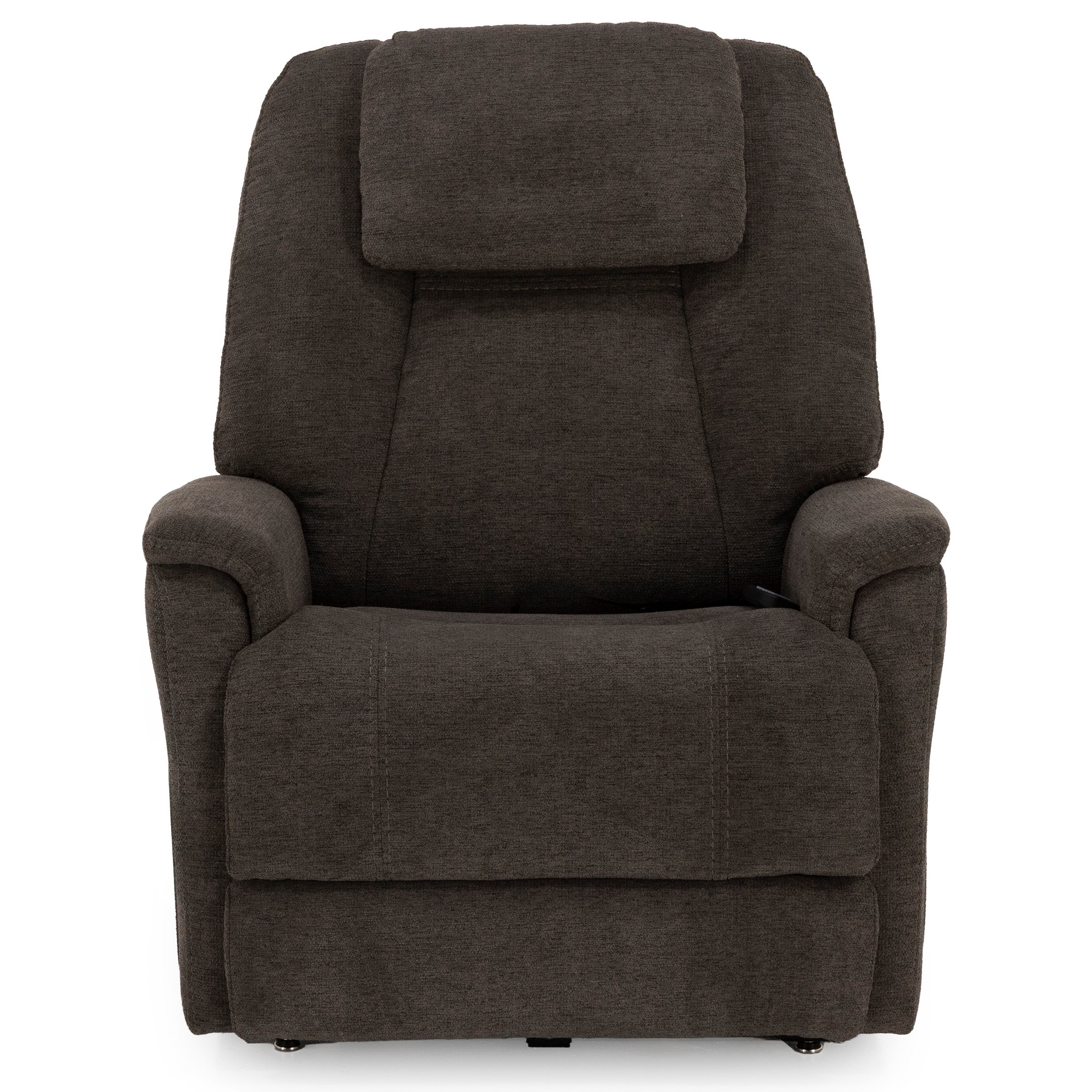 Dark brown upholstered recliner chair, front view, with padded arms and backrest.