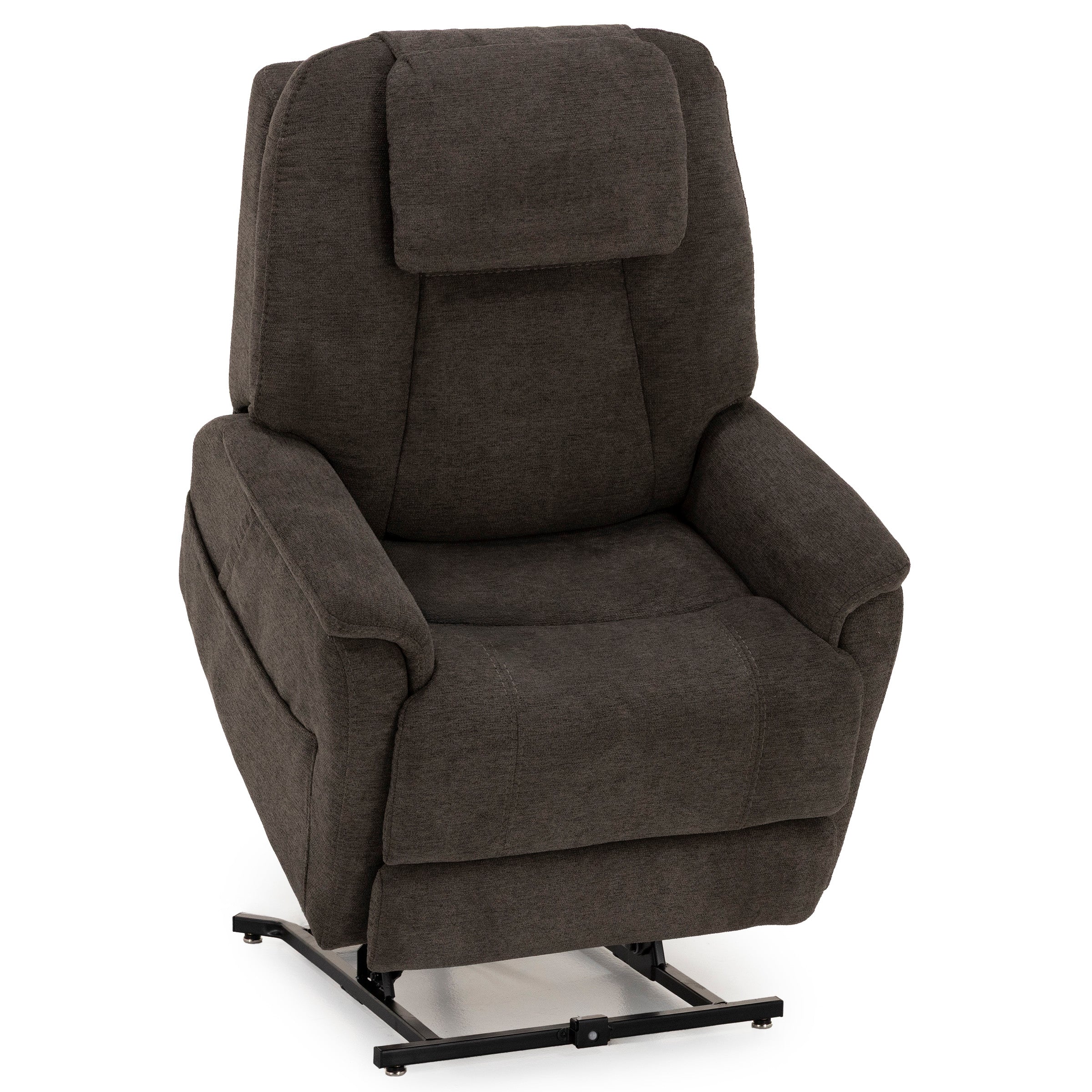 Dark brown fabric lift chair for comfort and mobility assistance.