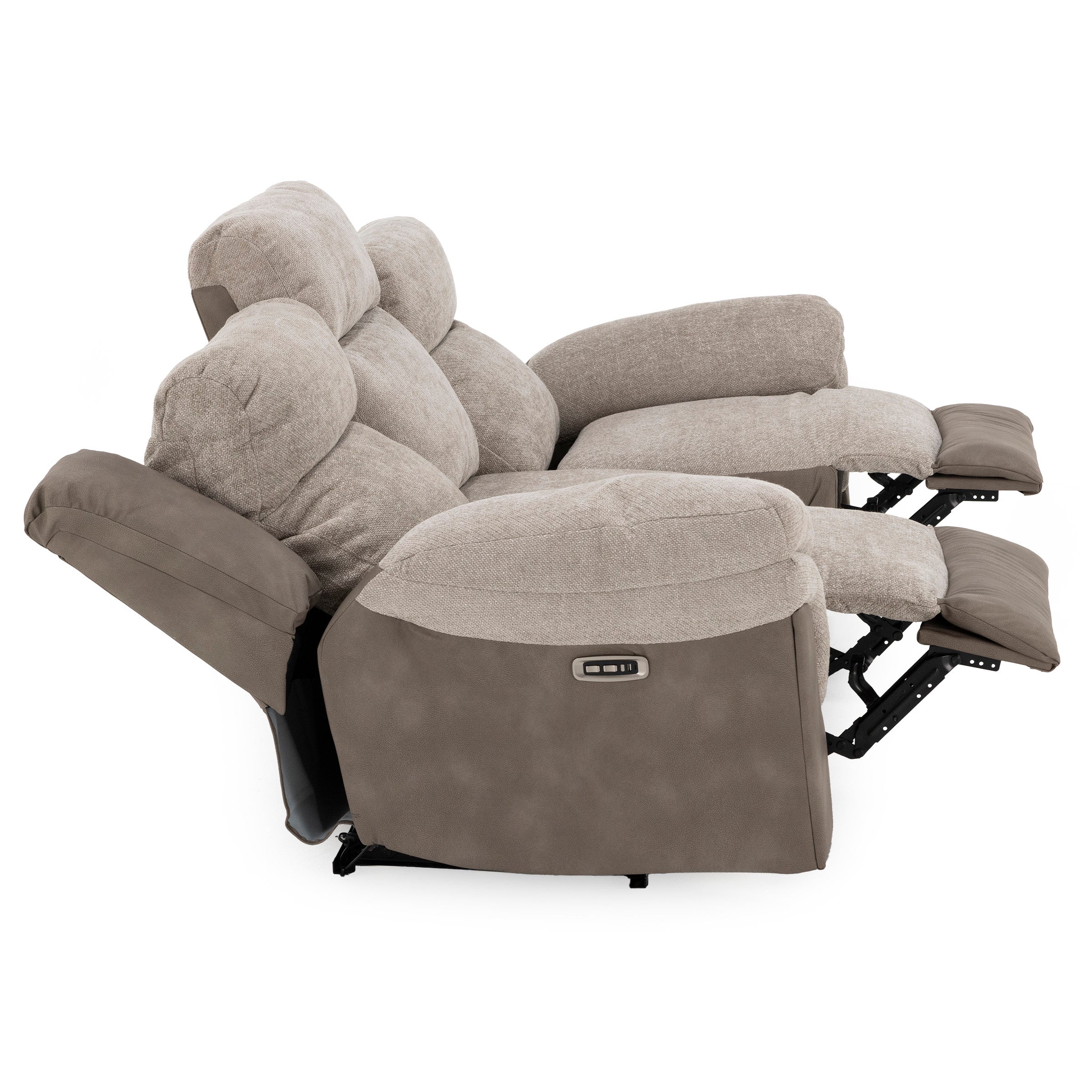 Side view of a dual-seat power recliner in a fully reclined position.