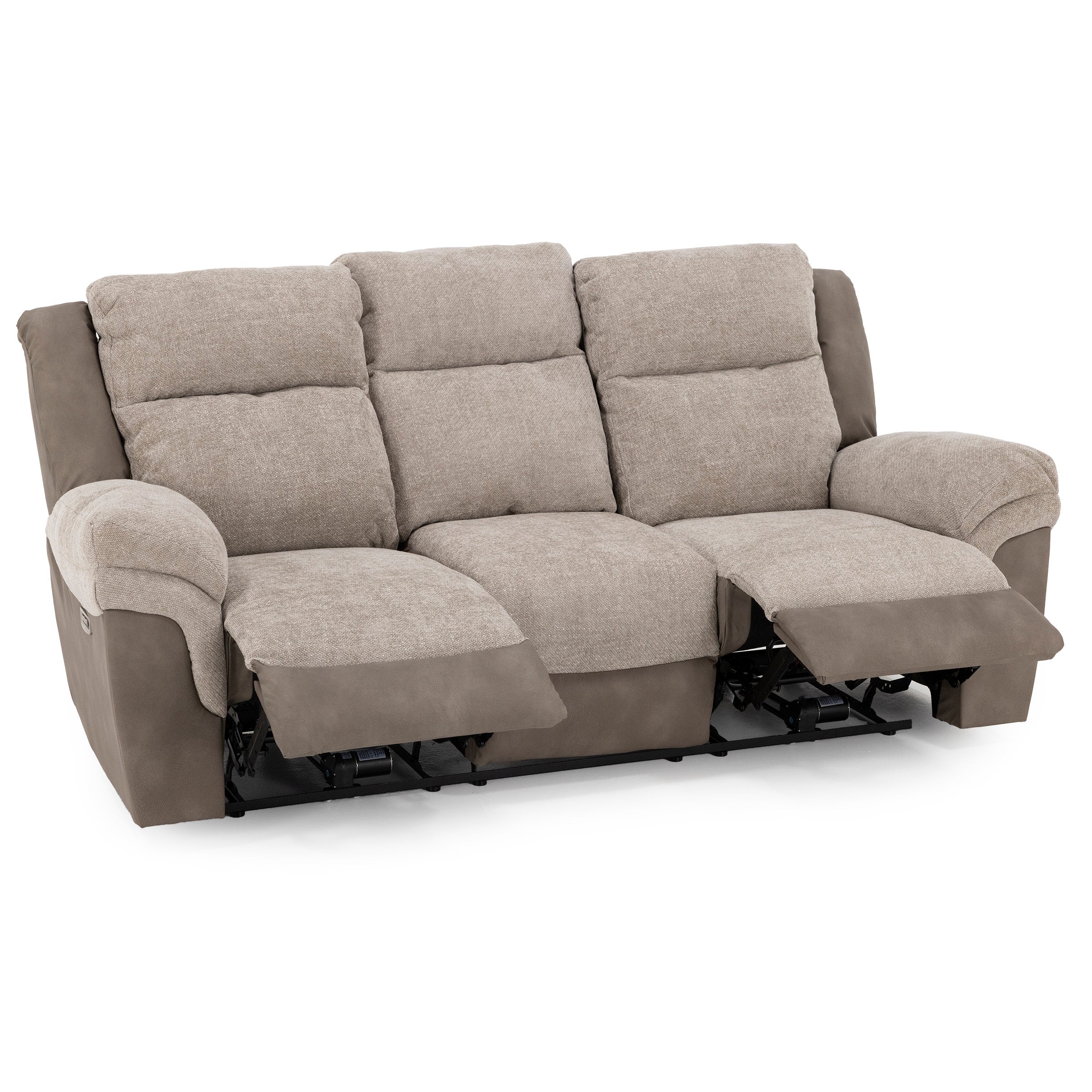 Three-seat reclining sofa in beige and taupe upholstery with extended footrests.