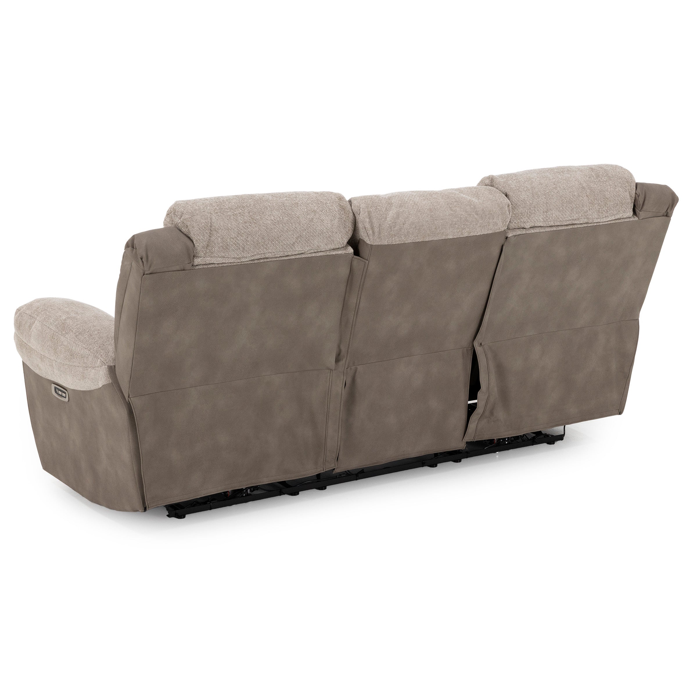 Back view of a three-seat reclining sofa with beige fabric upholstery.