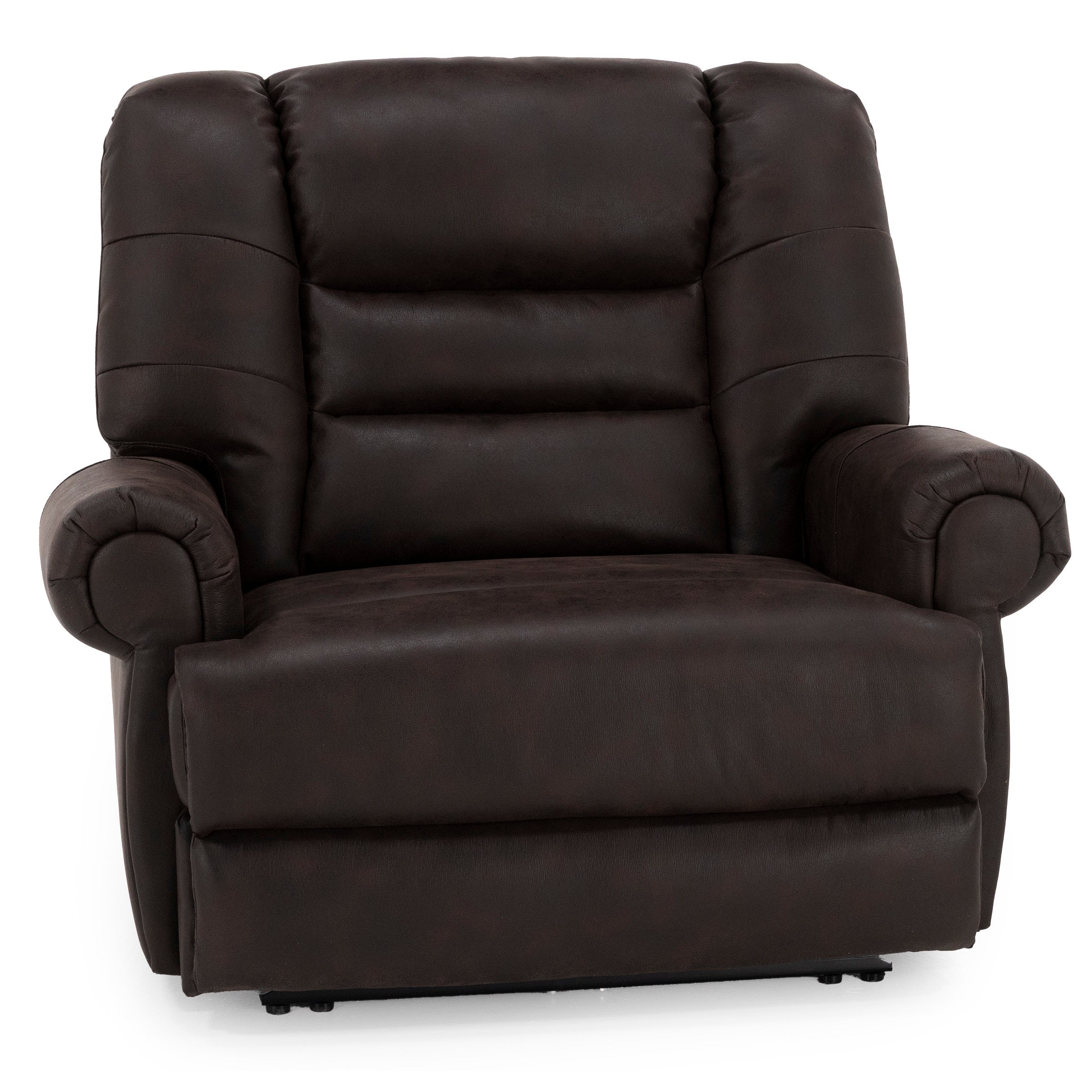 Dark brown leather recliner chair, front view.