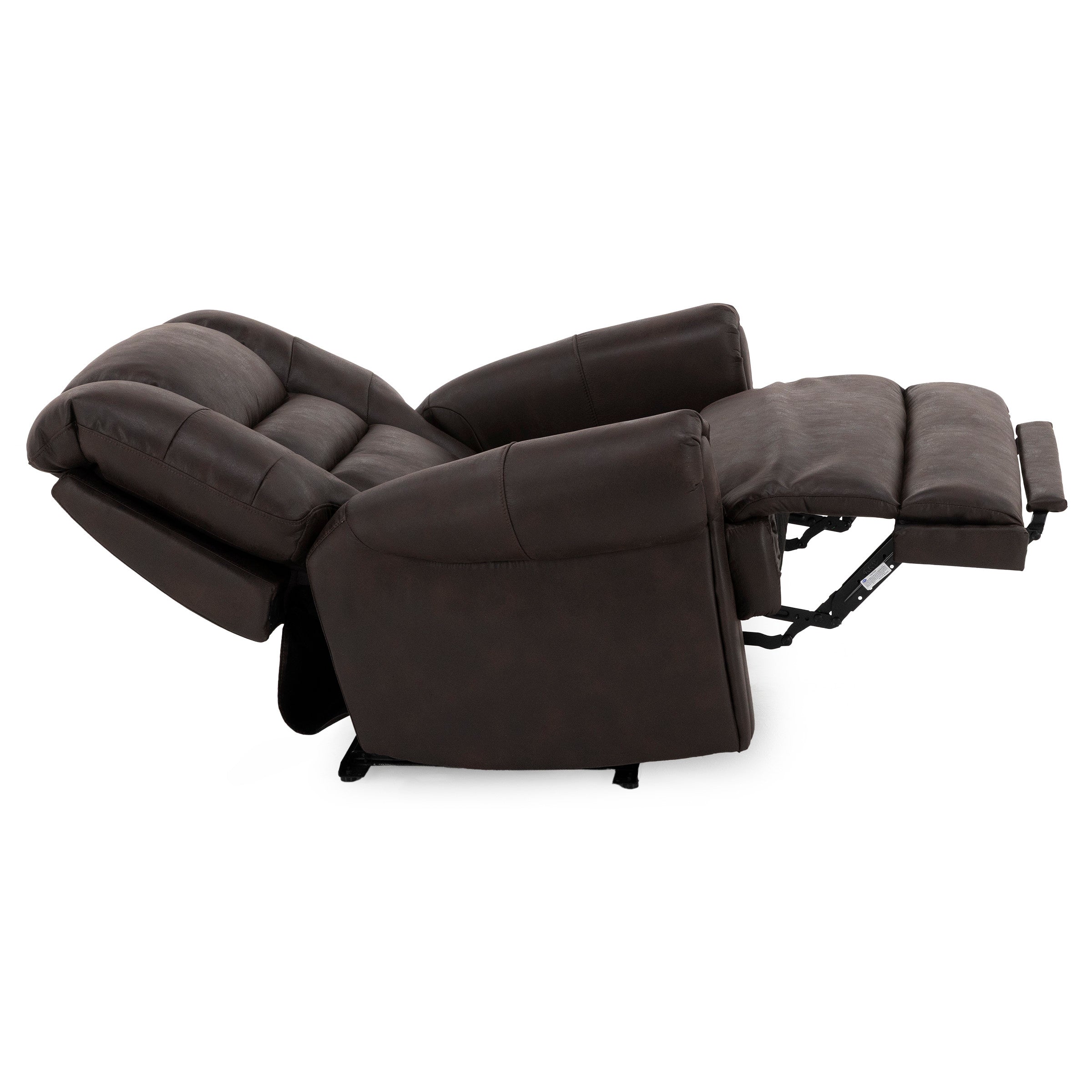 Brown recliner chair shown fully extended for lounging or relaxation.