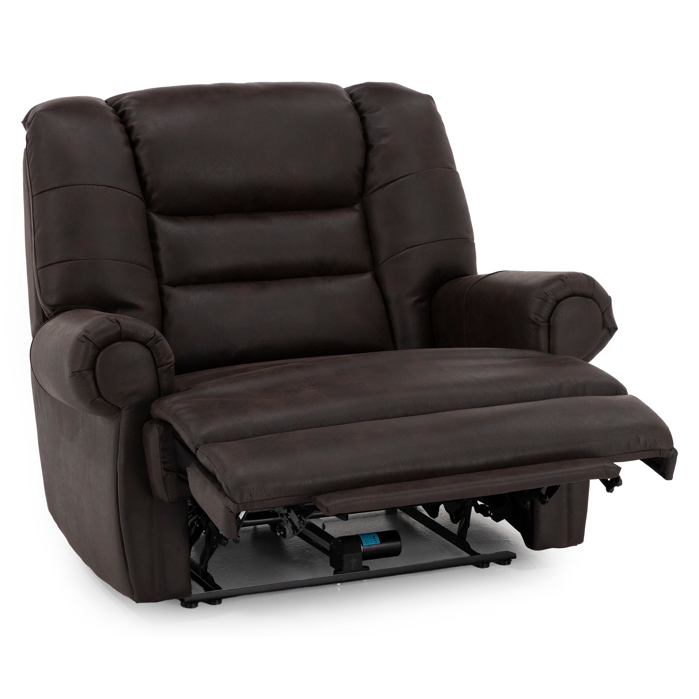 Dark brown plush recliner chair with extended footrest.