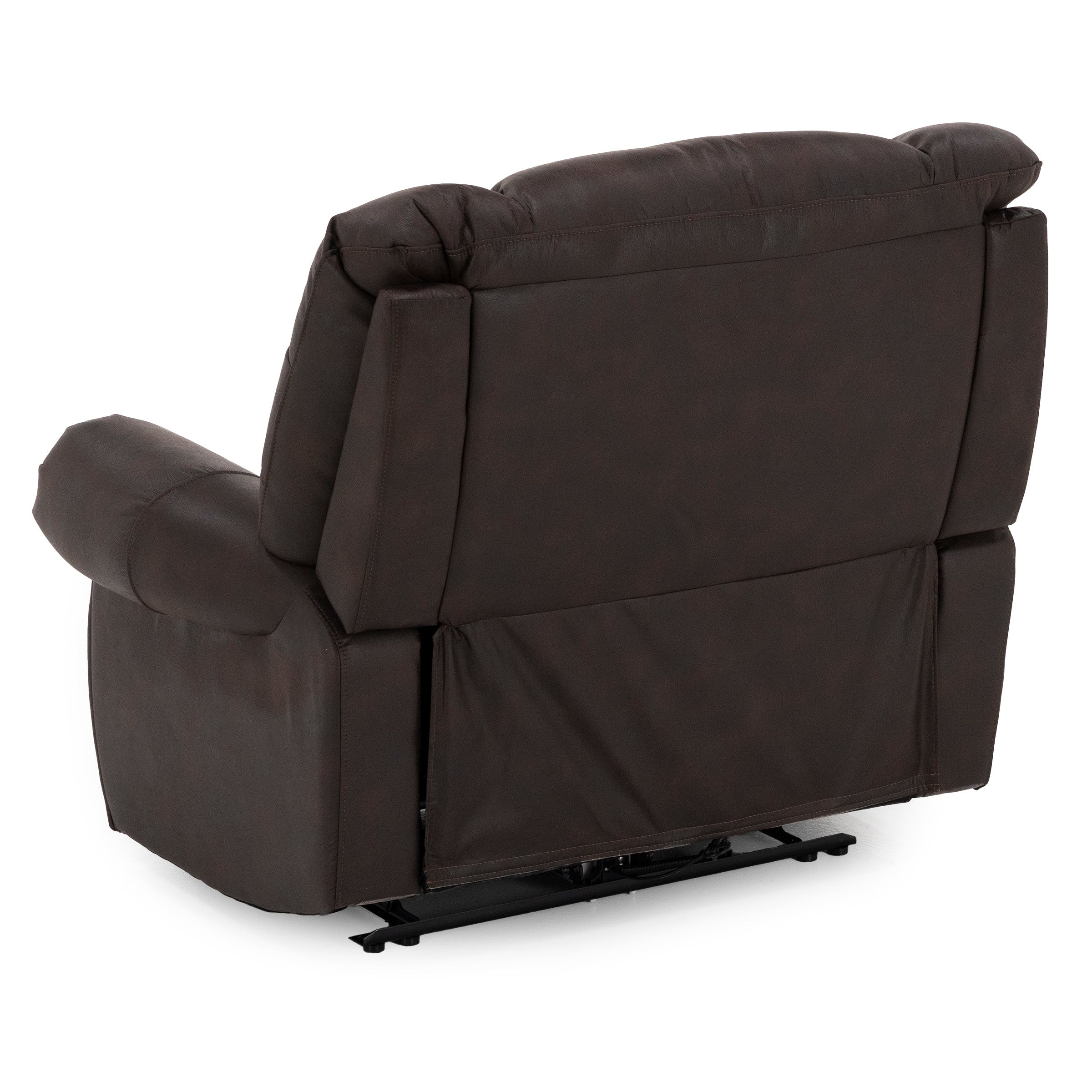 Back view of a brown, padded reclining chair on a white background.