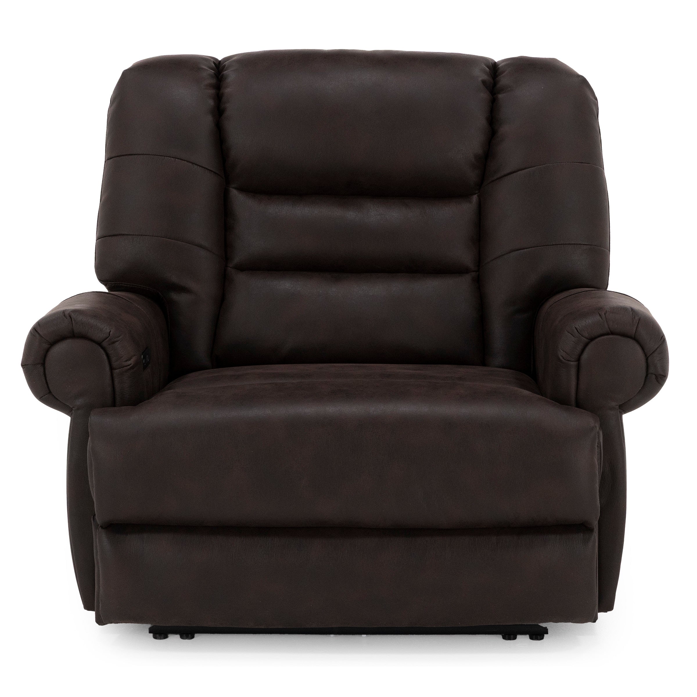 Dark brown plush reclining armchair with padded arms and cushioned backrest.