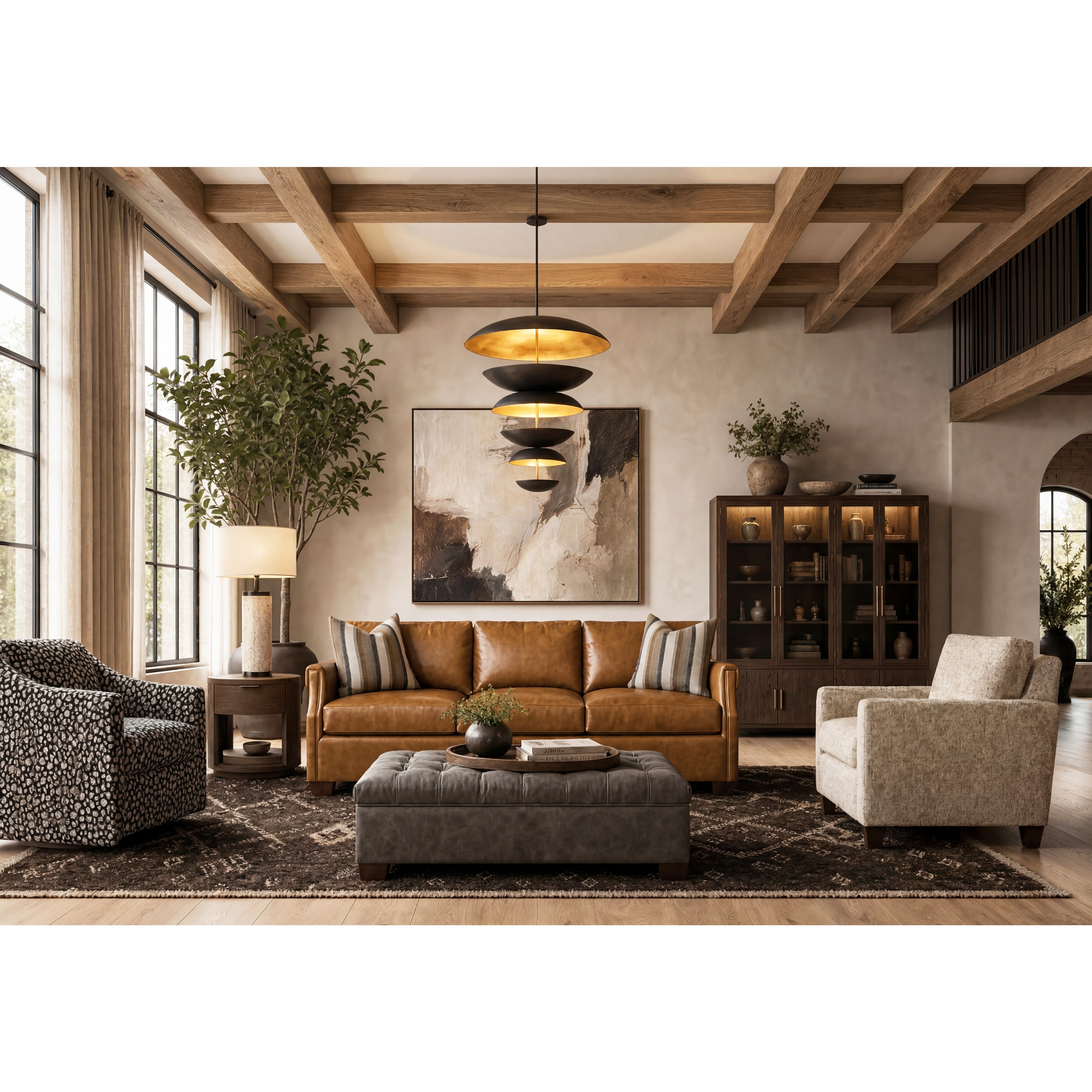Modern living room with a brown leather sofa, accent chairs, and abstract wall art.