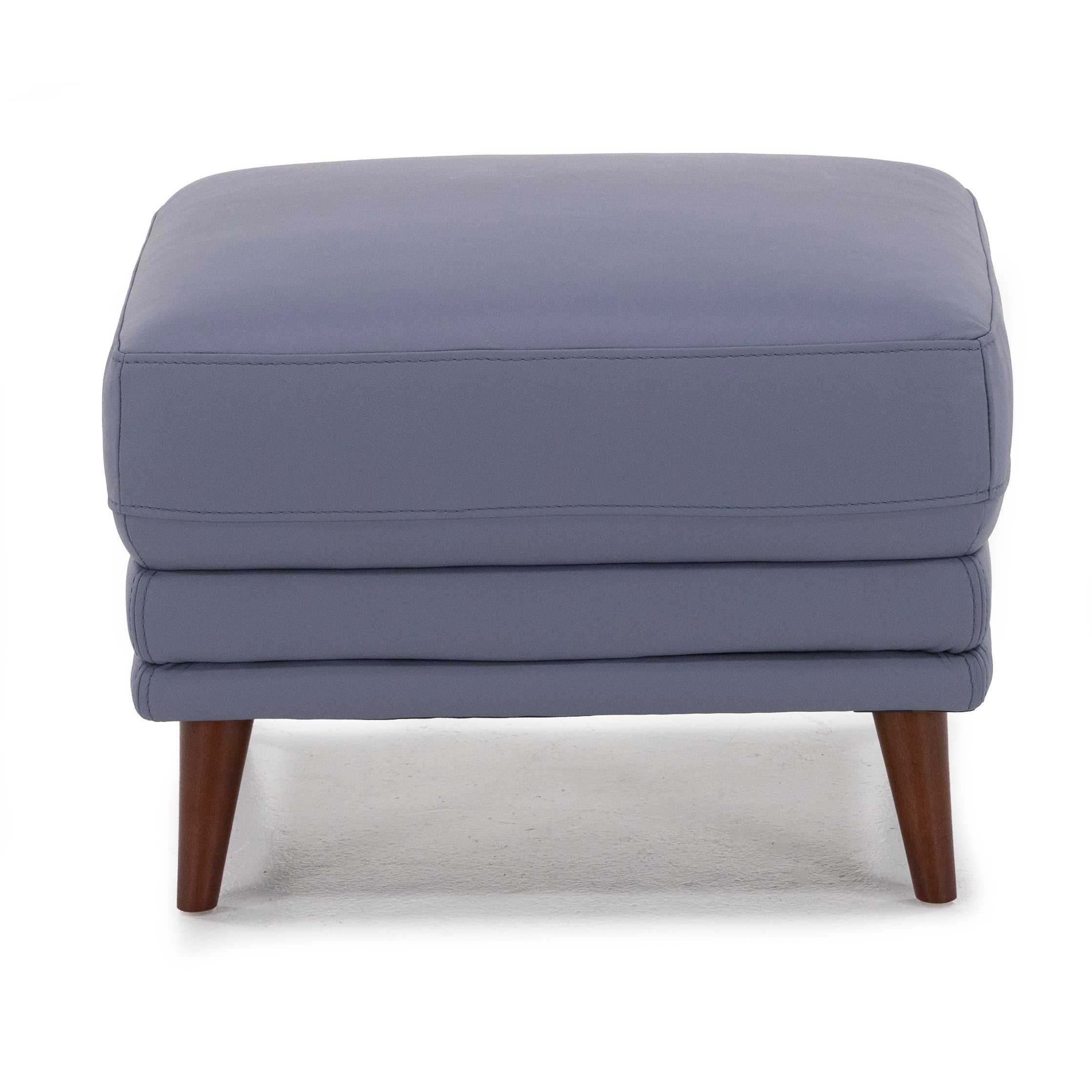 Square gray ottoman with wooden legs, front view.