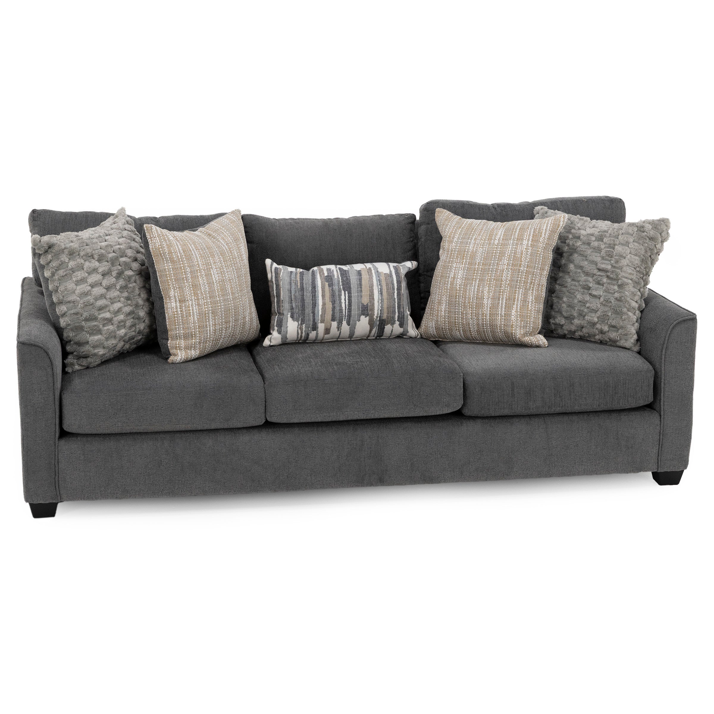 Modern gray sofa with five decorative pillows, including textured and striped designs.