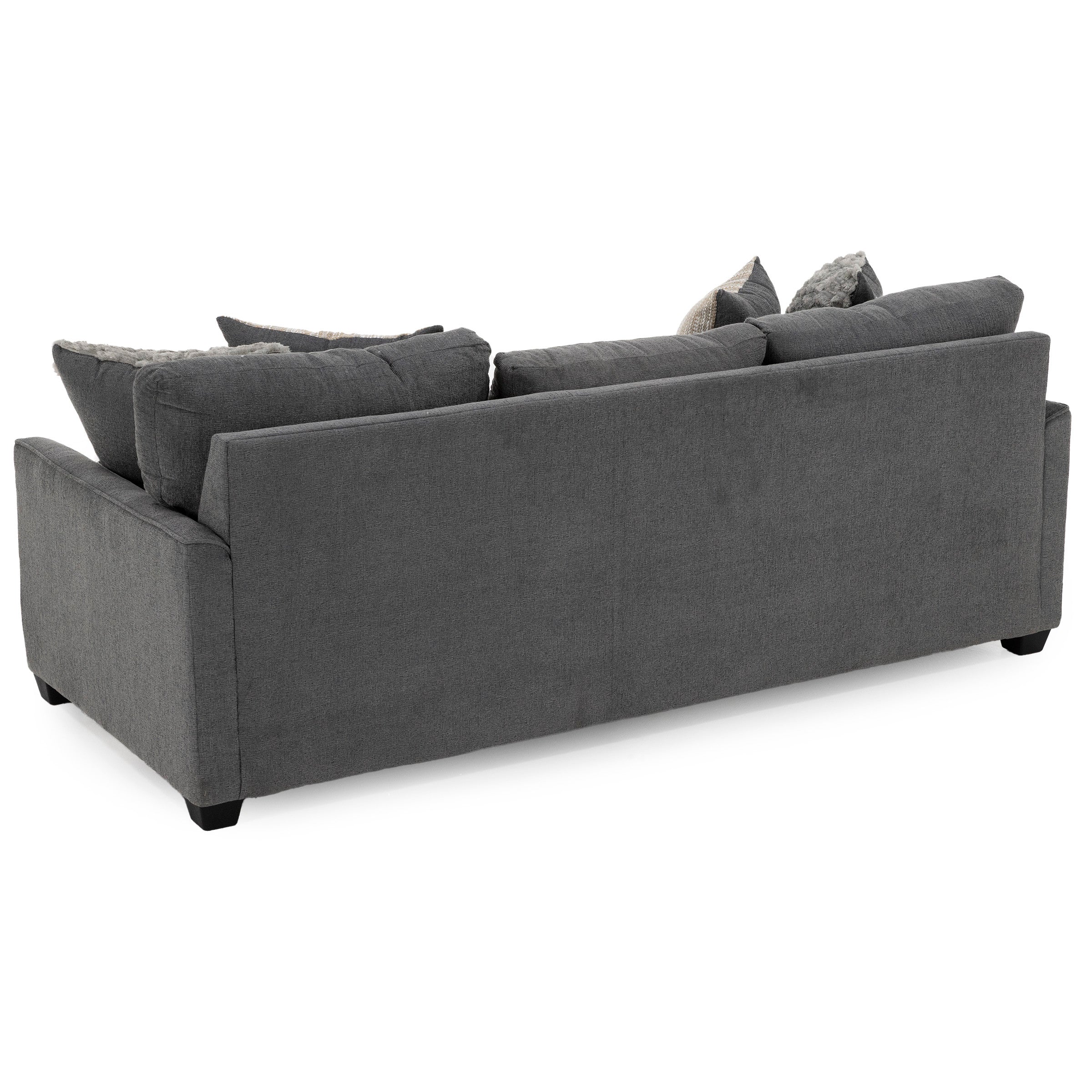 Back view of a modern grey fabric sofa with plush cushions and accent pillows.