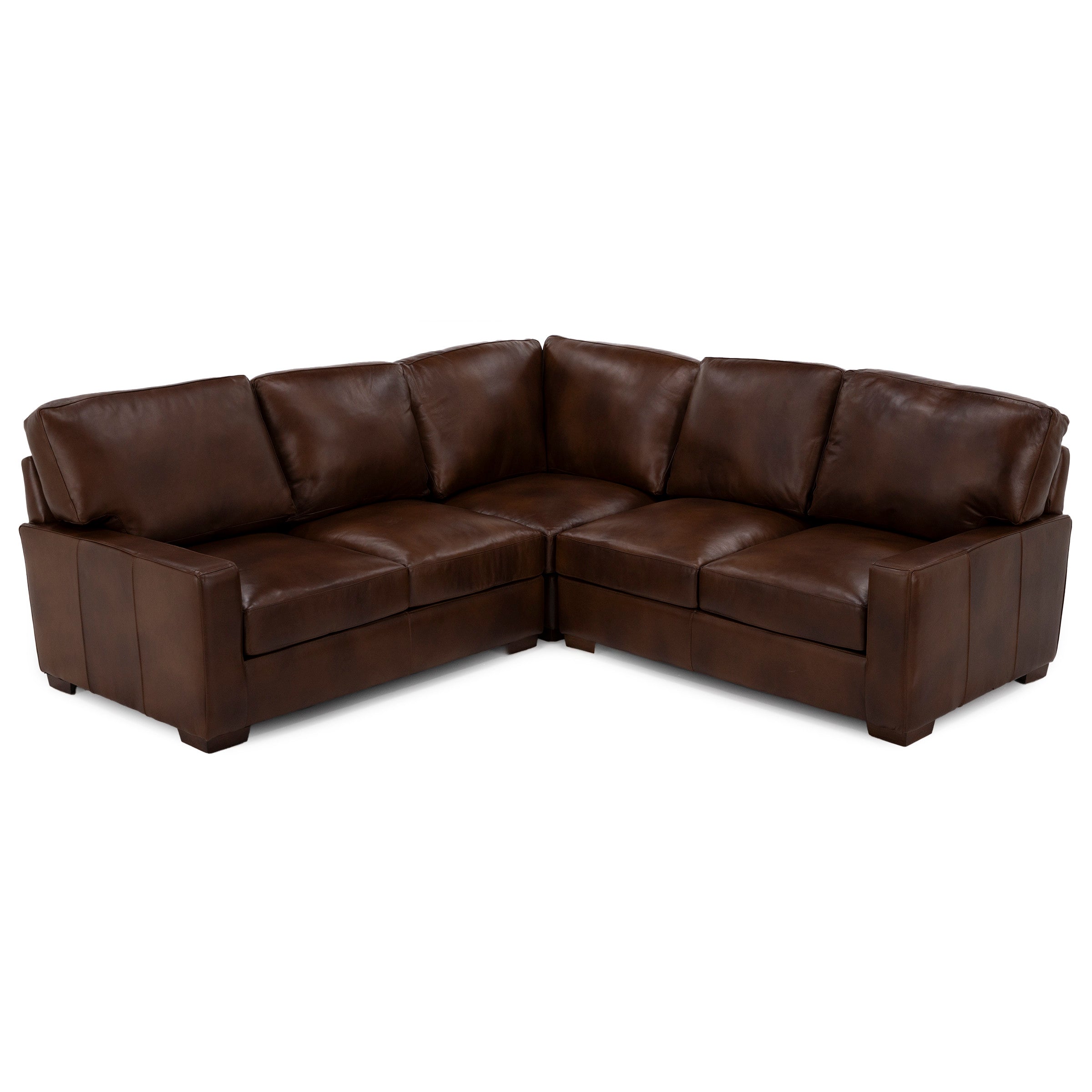 Dark brown leather sectional sofa with wide arms and plush cushions.