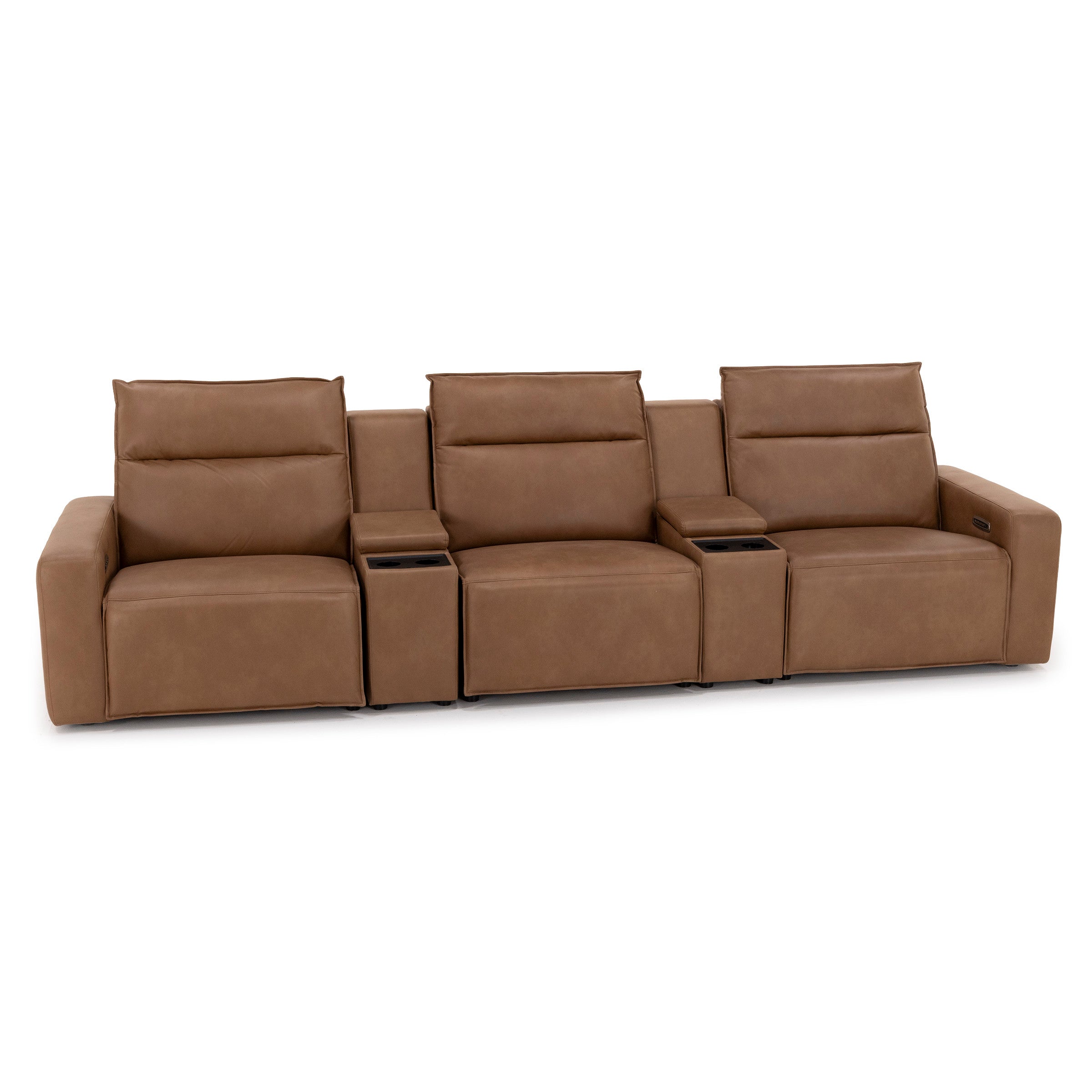 Three-seat tan leather reclining sofa with two center storage consoles and cup holders.