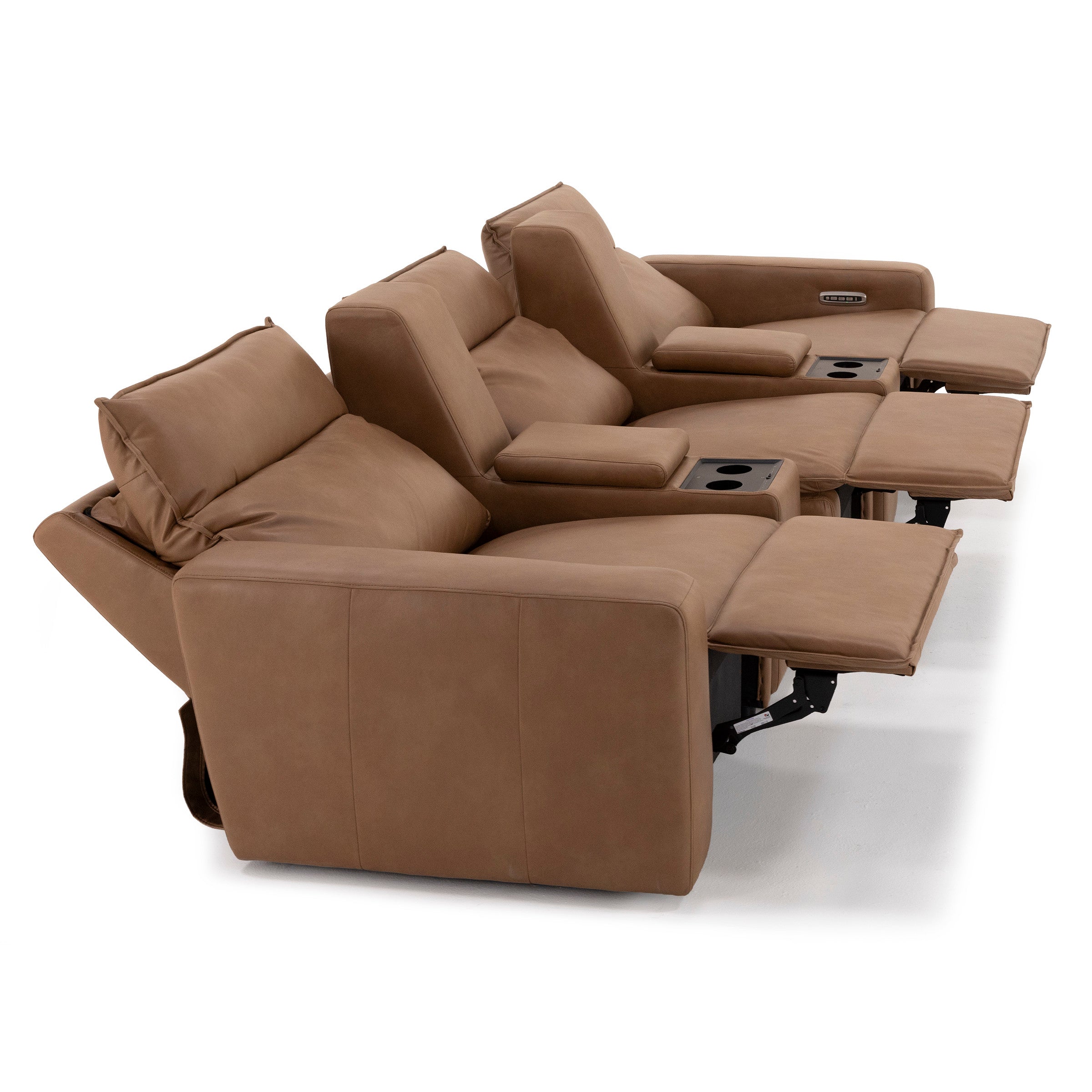 Three brown reclining theater seats with cup holders and raised footrests.