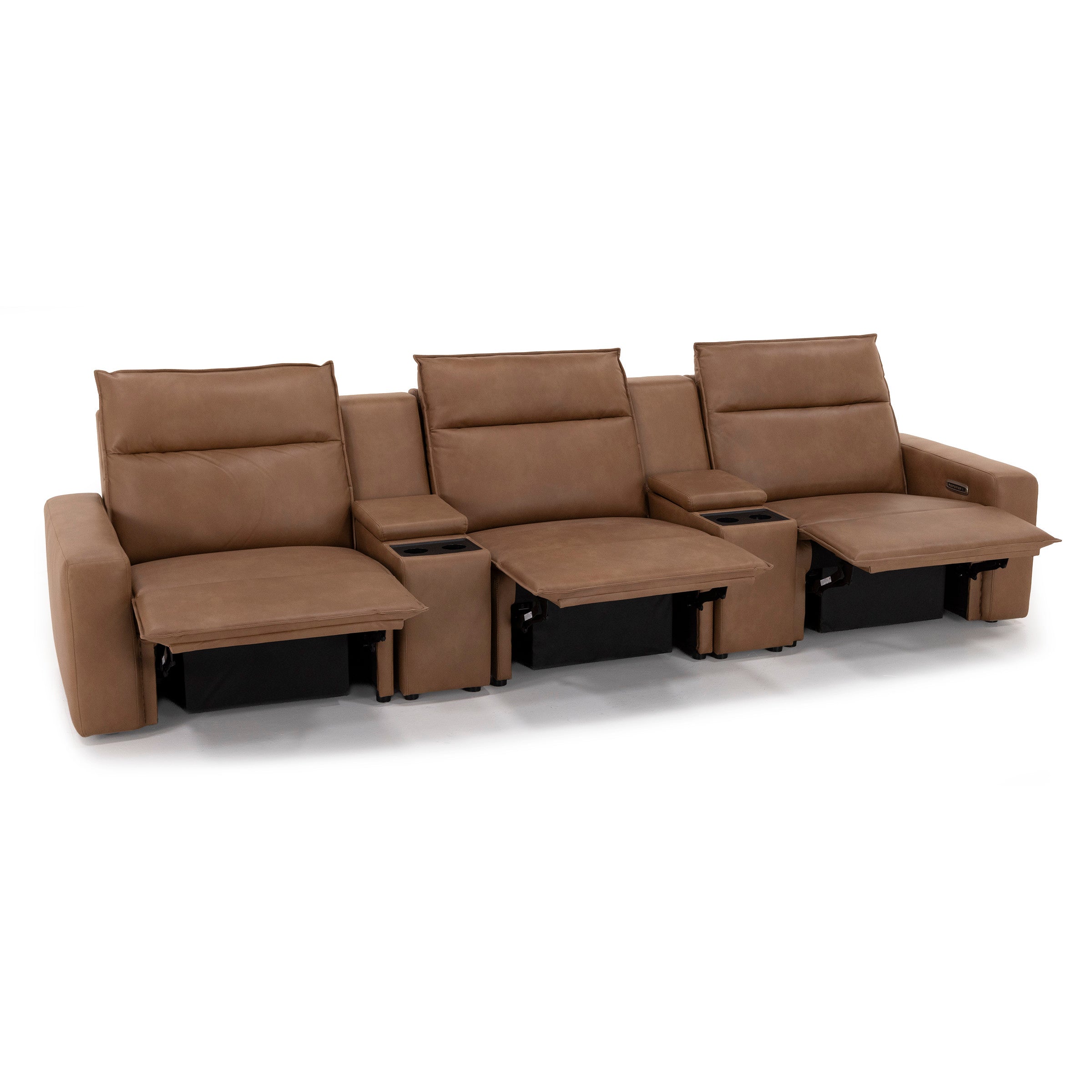 Three-seat tan reclining sofa with cup holders and wide armrests.