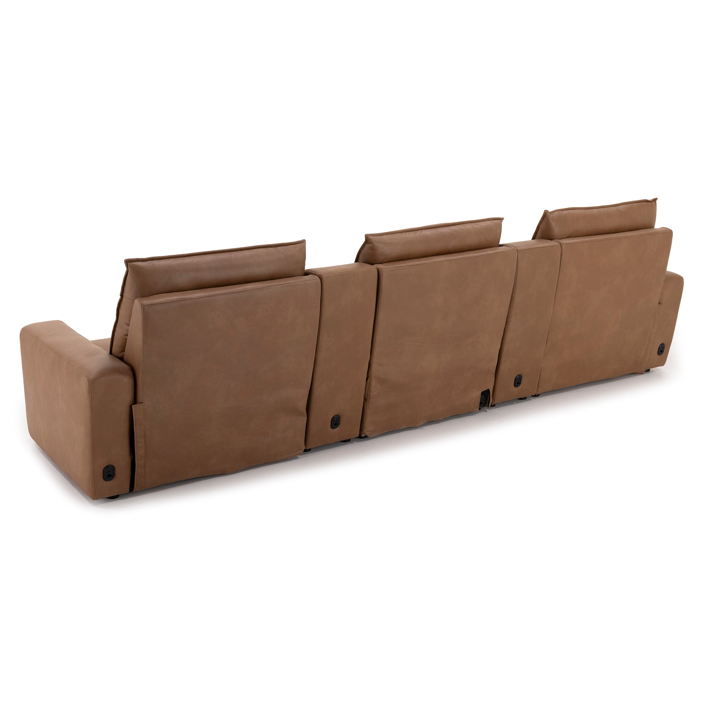 Back view of a brown leather reclining sectional sofa with plush cushions.