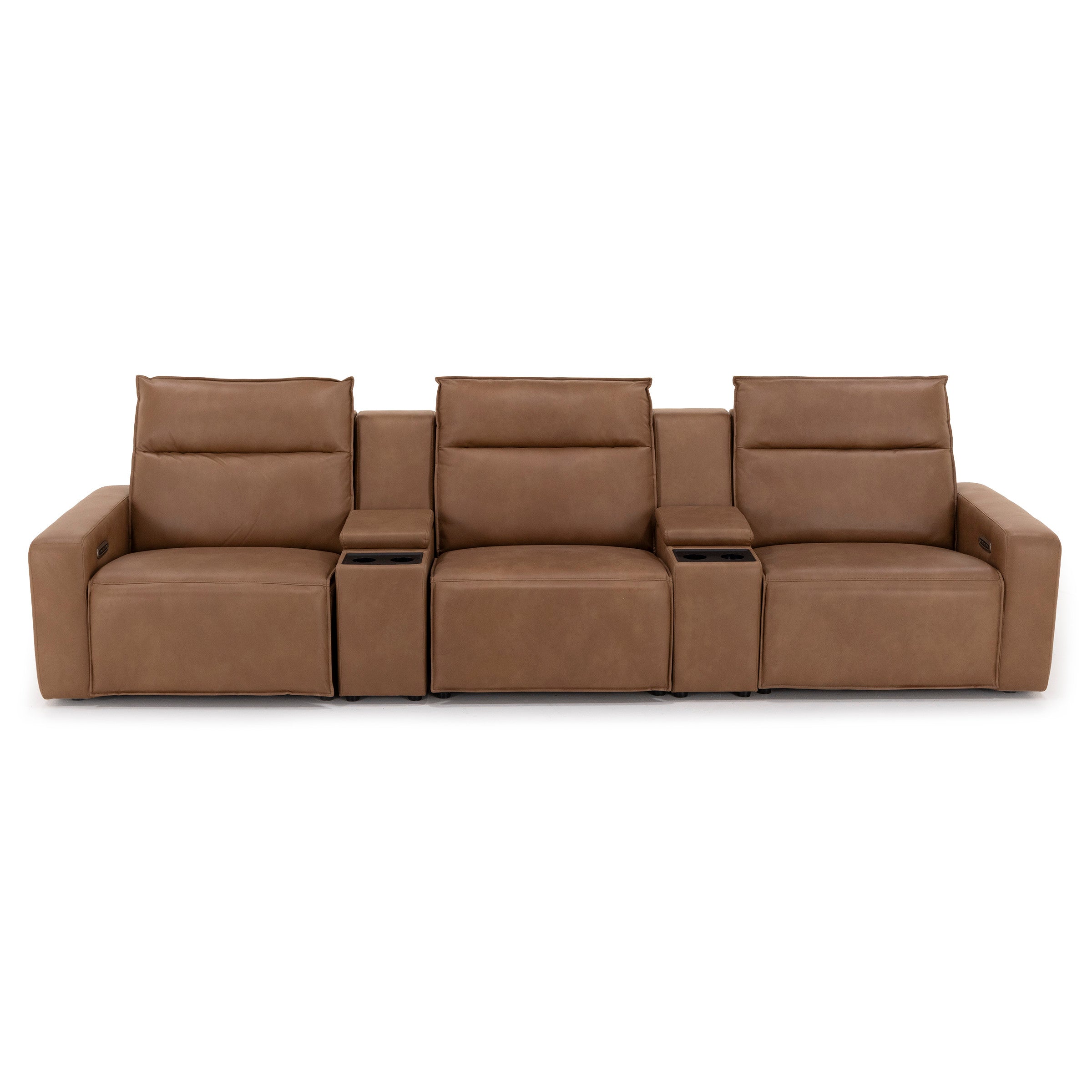 Brown three-seat reclining sofa with high backs and cupholder armrests.
