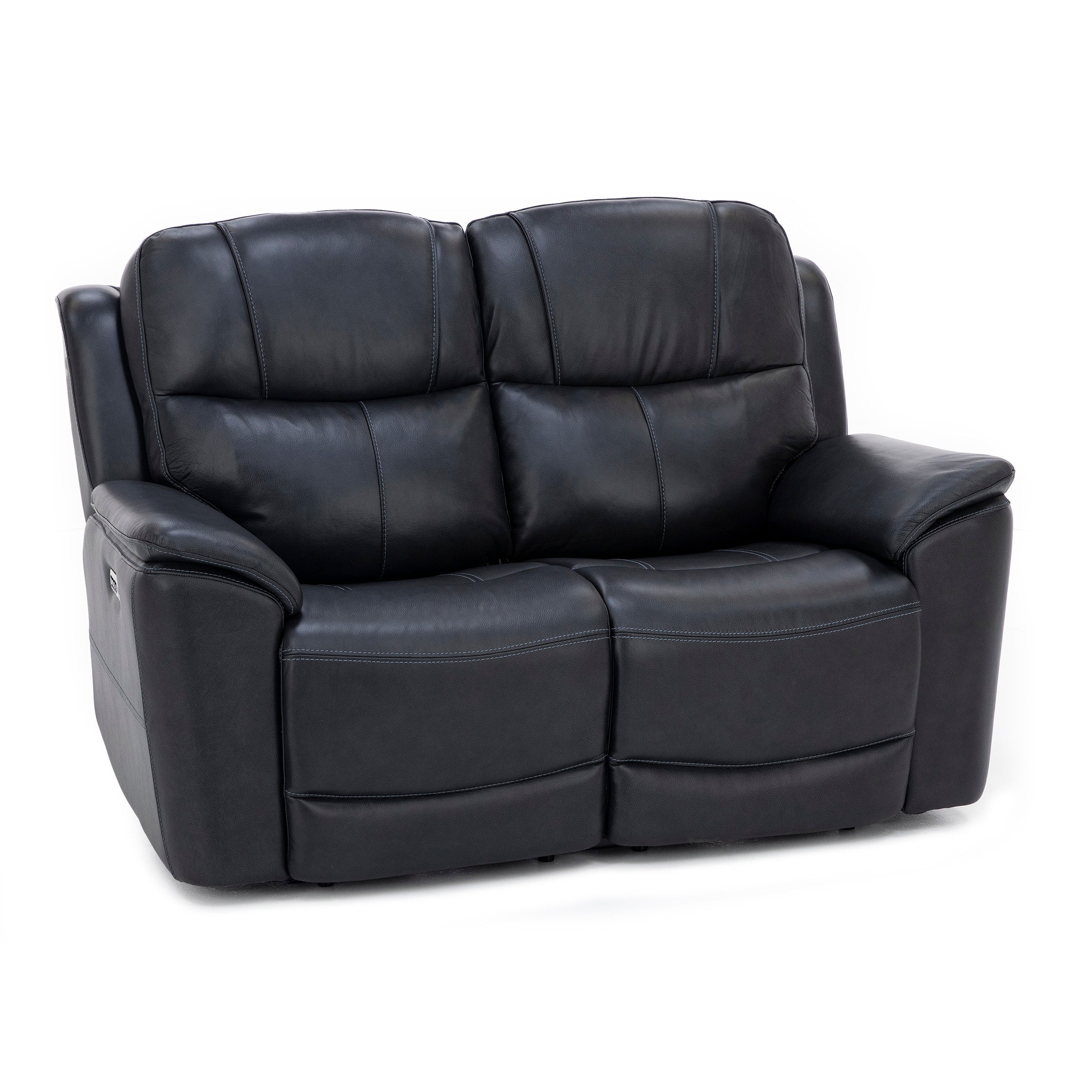 Black leather loveseat with plush cushions and wide armrests on a white background.