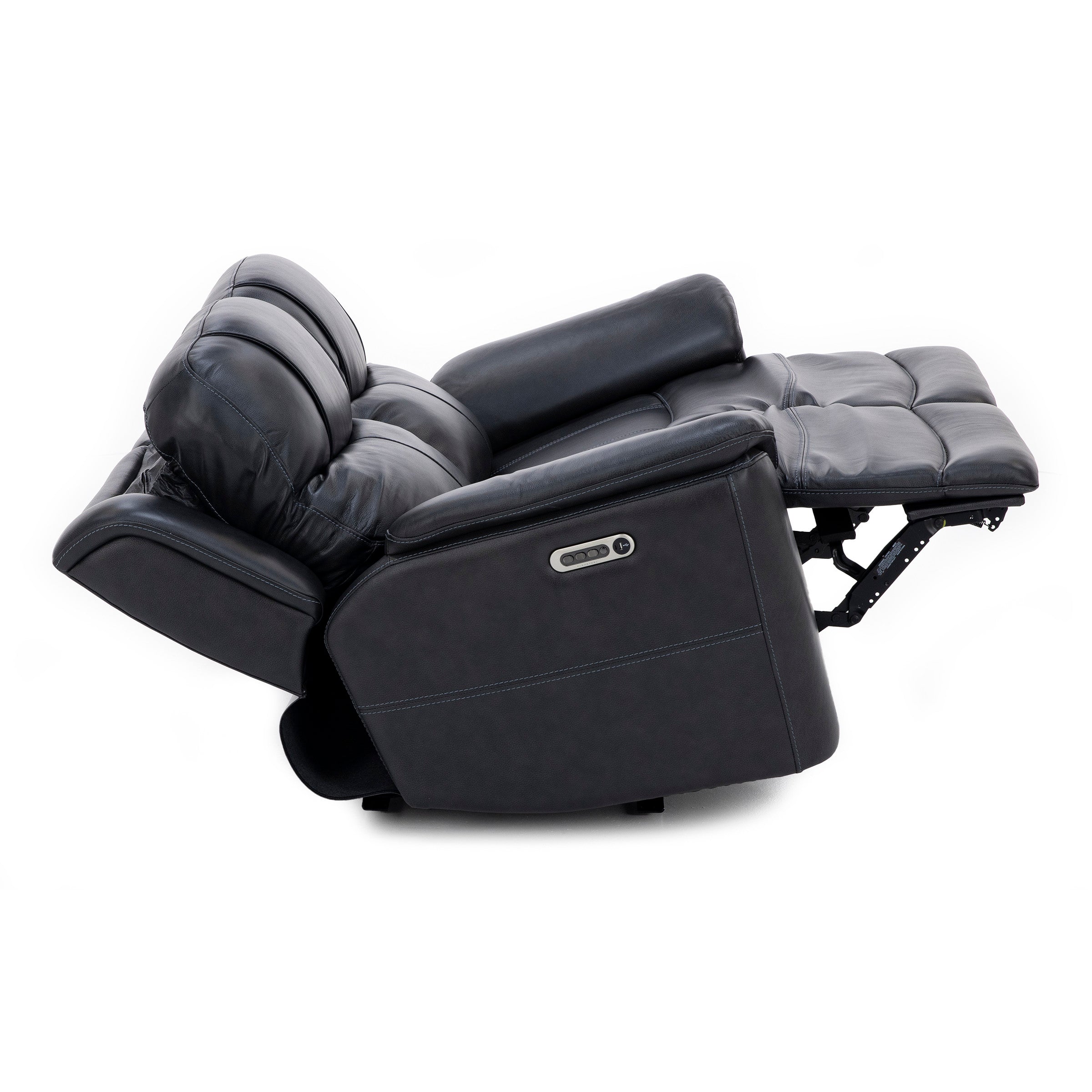 Black leather recliner chair fully extended in recline position.