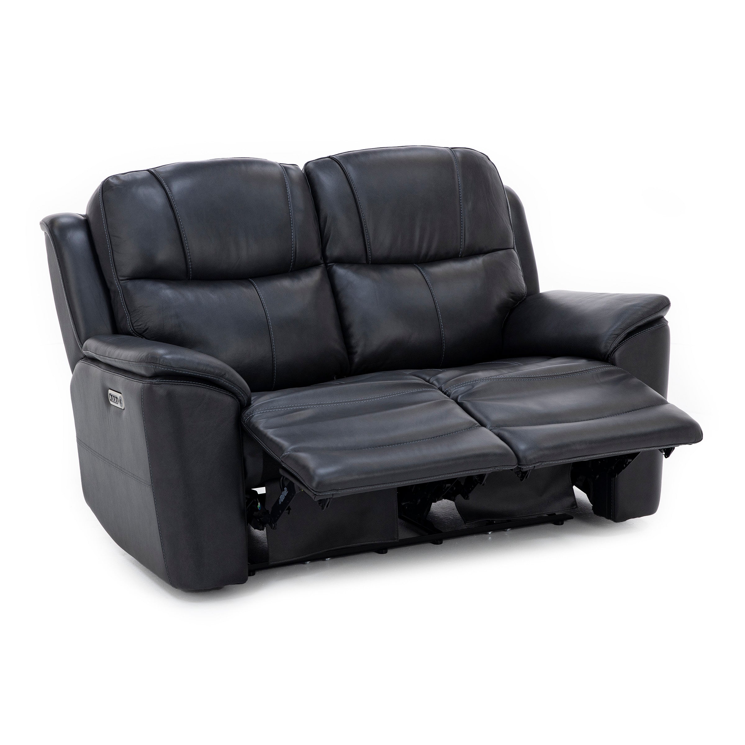 Black leather reclining loveseat with extended footrests.
