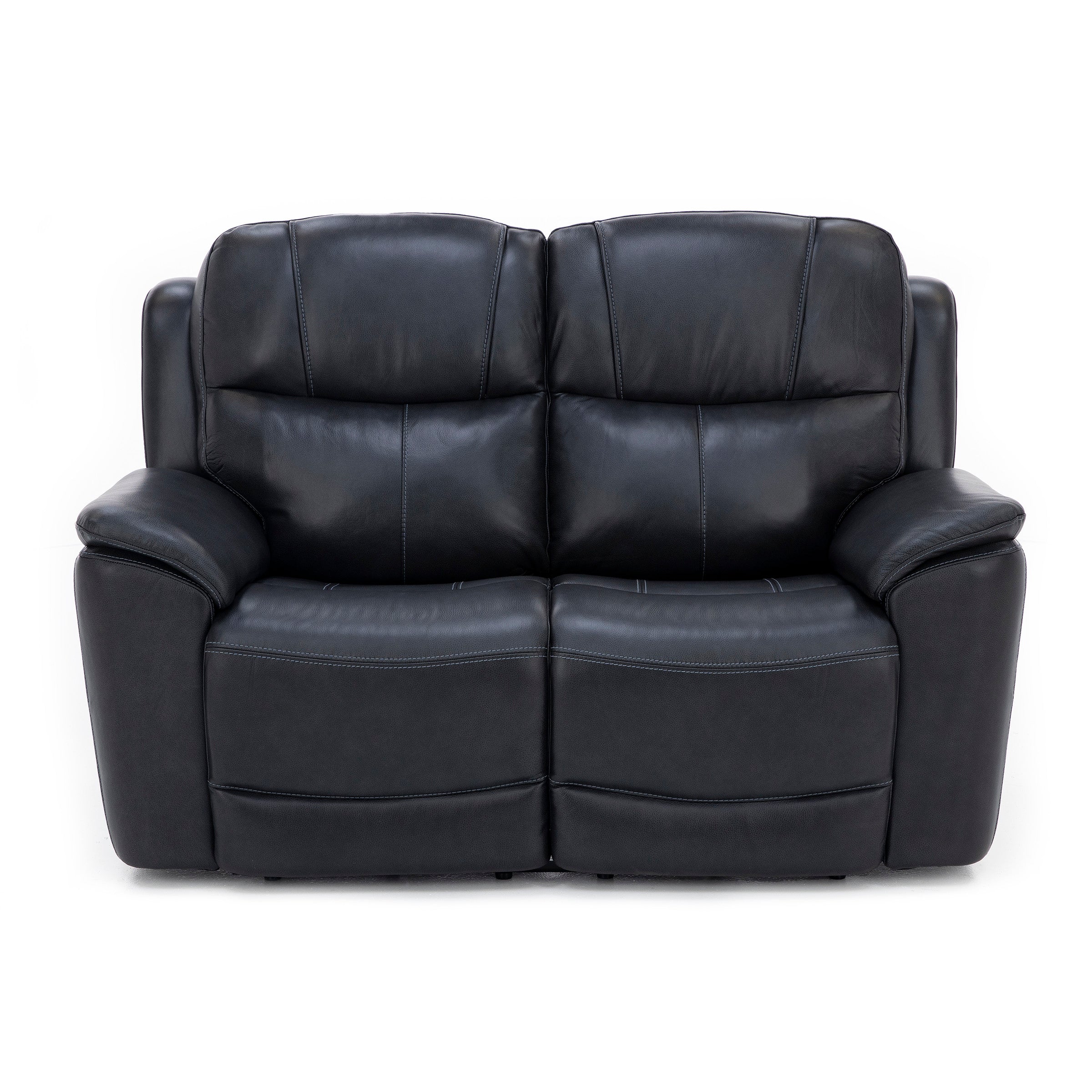 Black two-seat leather loveseat with wide armrests and plush cushions.