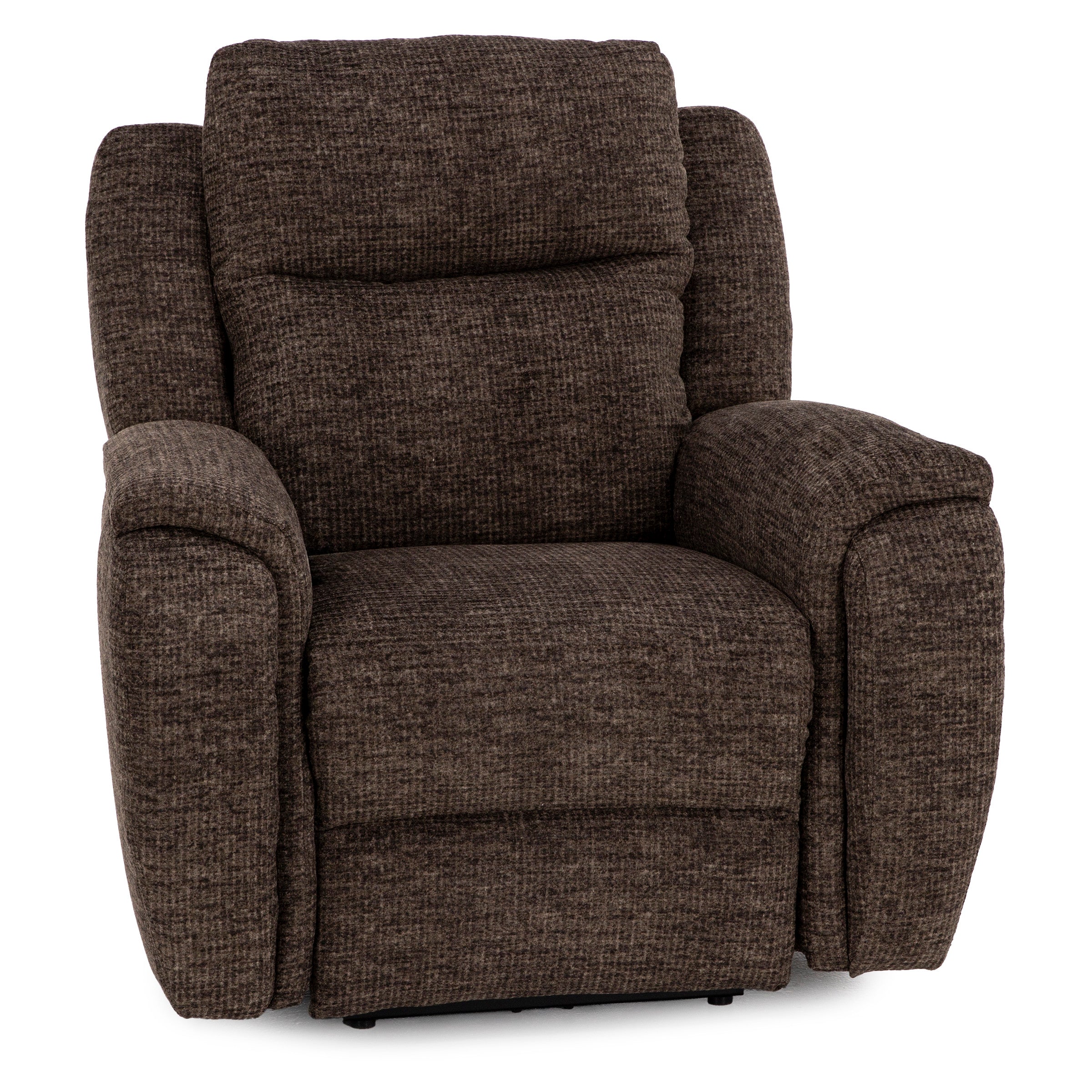 Plush brown fabric recliner chair with padded armrests and backrest.