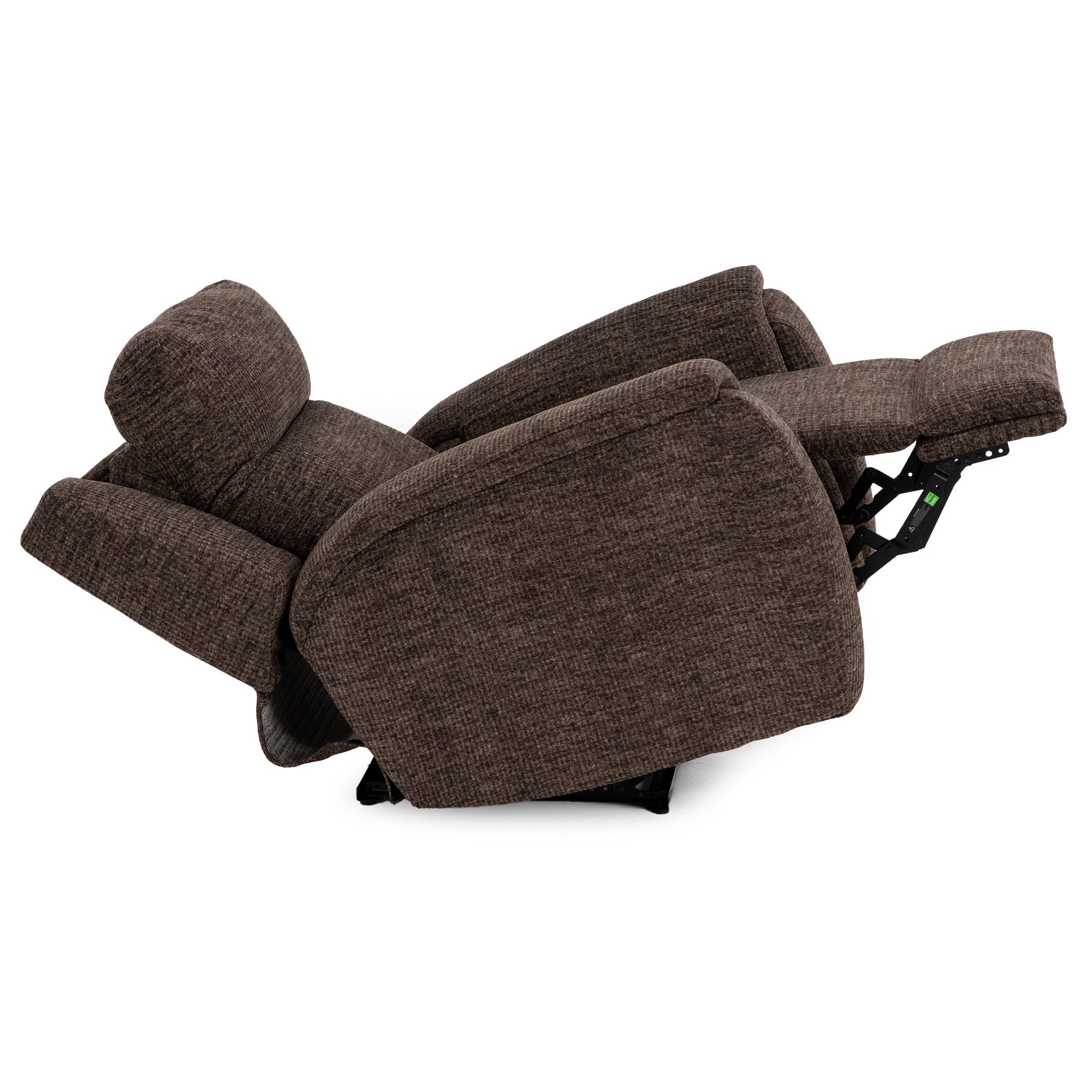 Brown recliner chair in extended position with raised footrest.