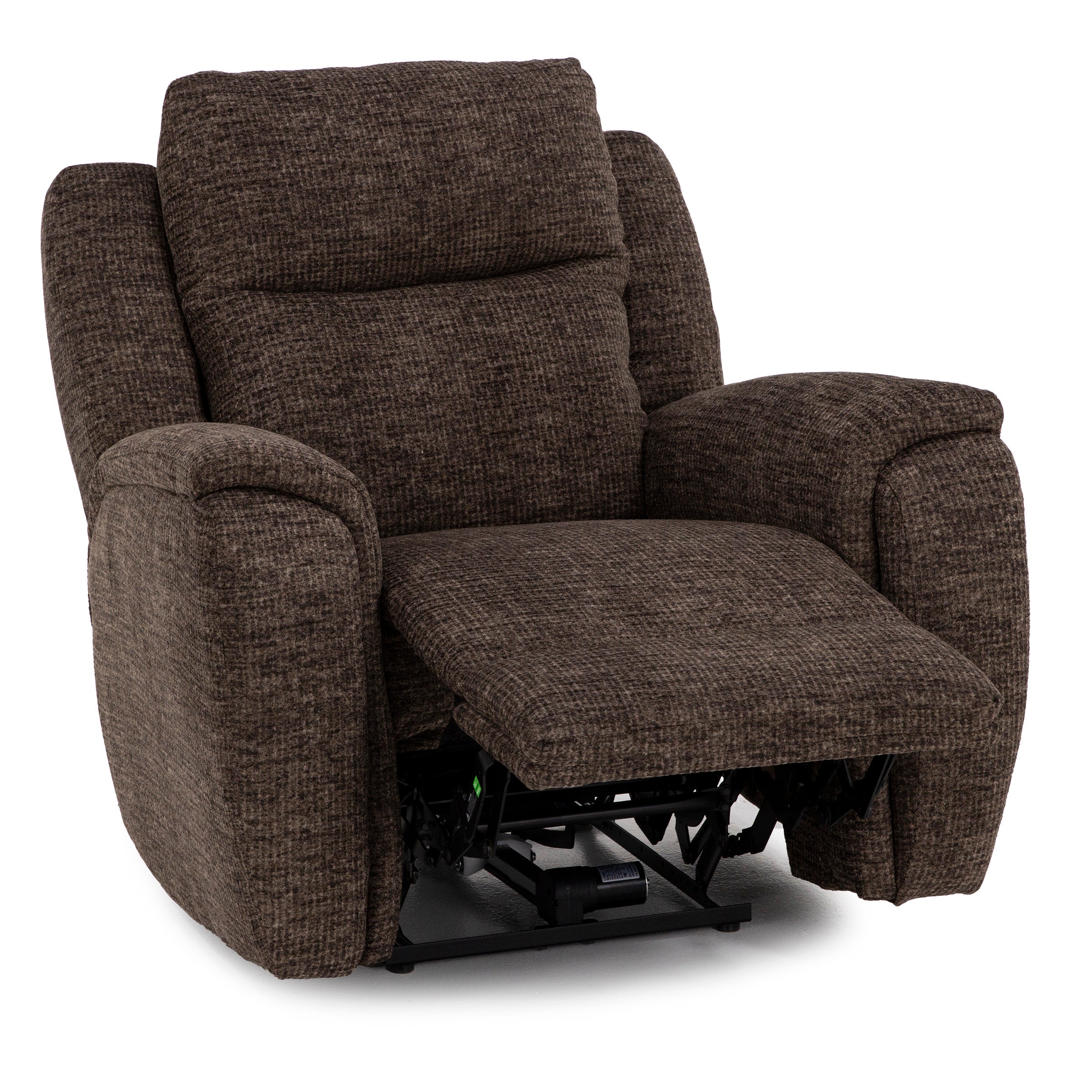 Brown fabric recliner chair with cushioned arms and extended footrest.