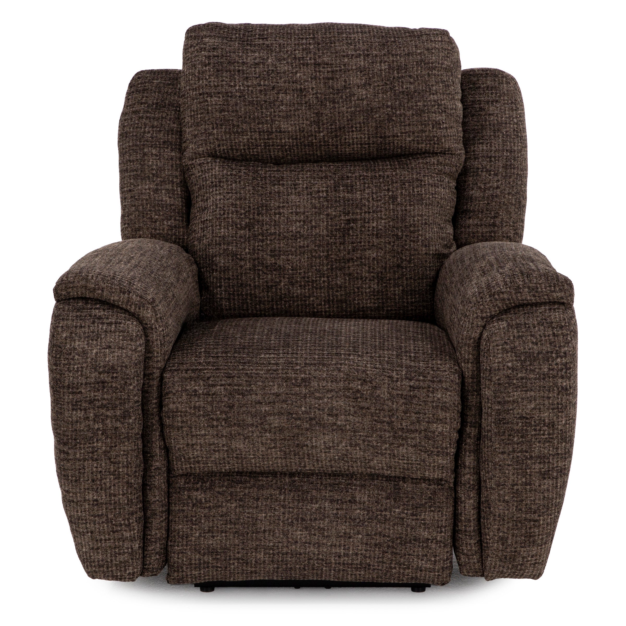 Brown upholstered recliner chair, front view