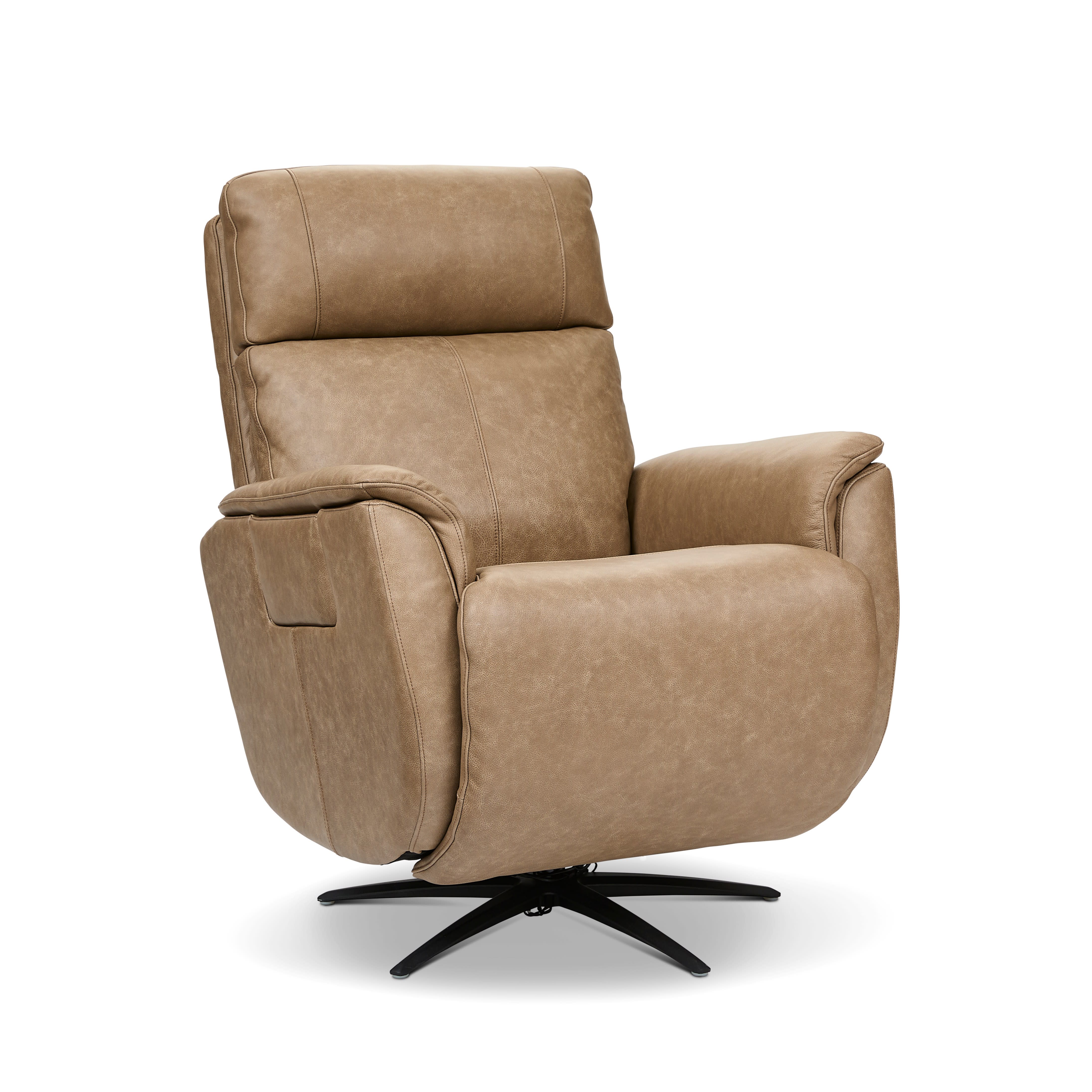 Tan leather recliner chair with padded armrests and swivel base.