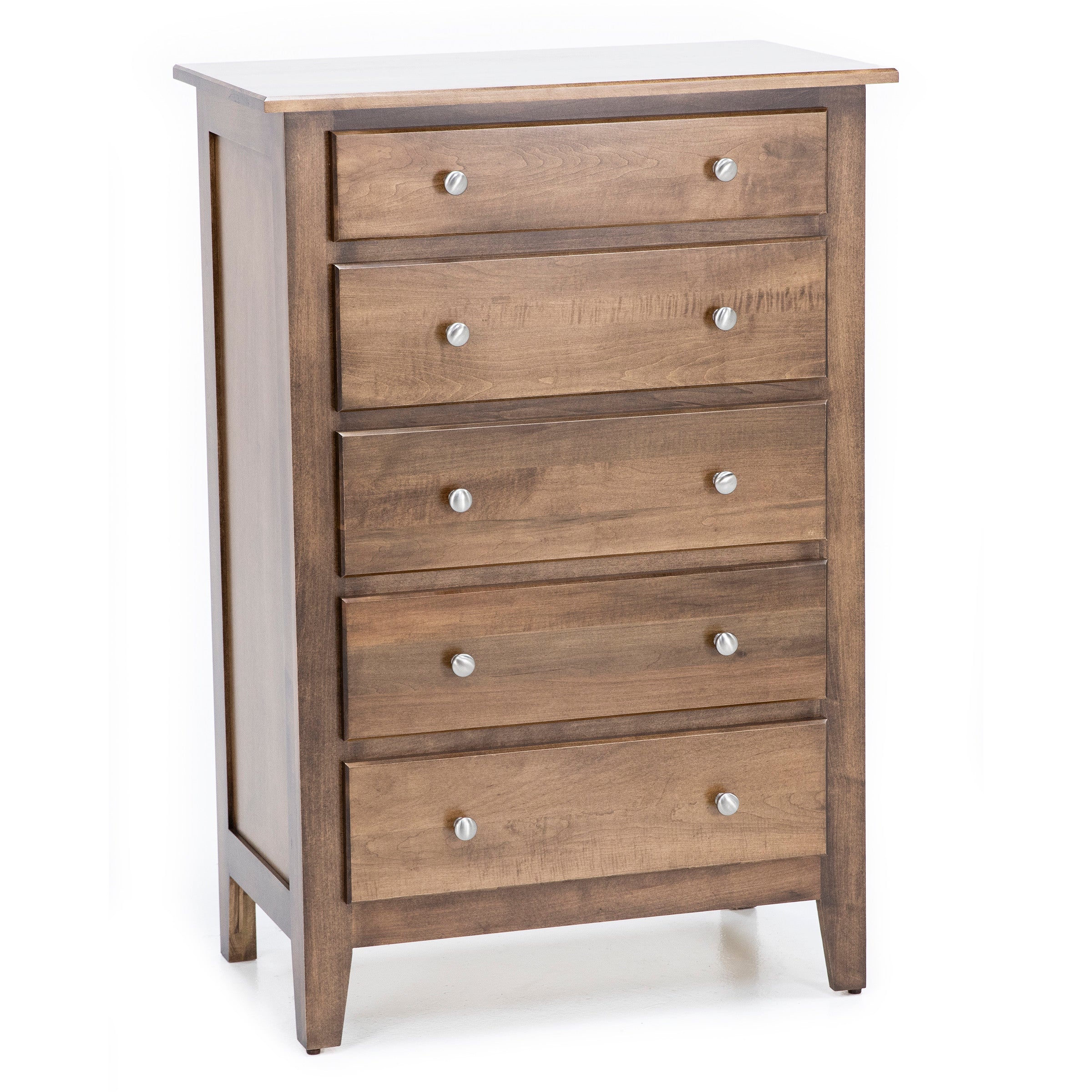 Tall wooden dresser with five drawers and round metal knobs.