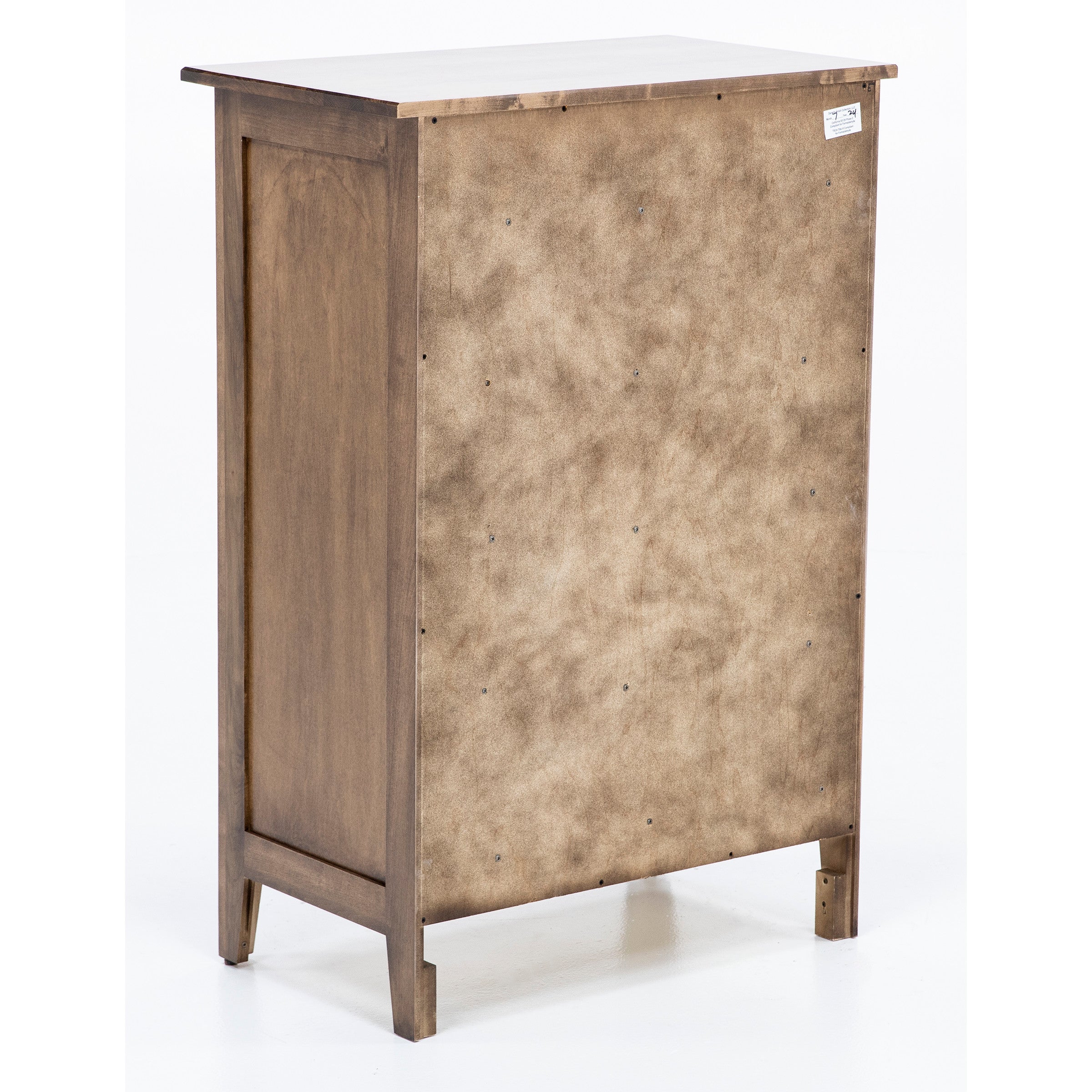 Back view of a wooden dresser with a plain panel and visible screws.