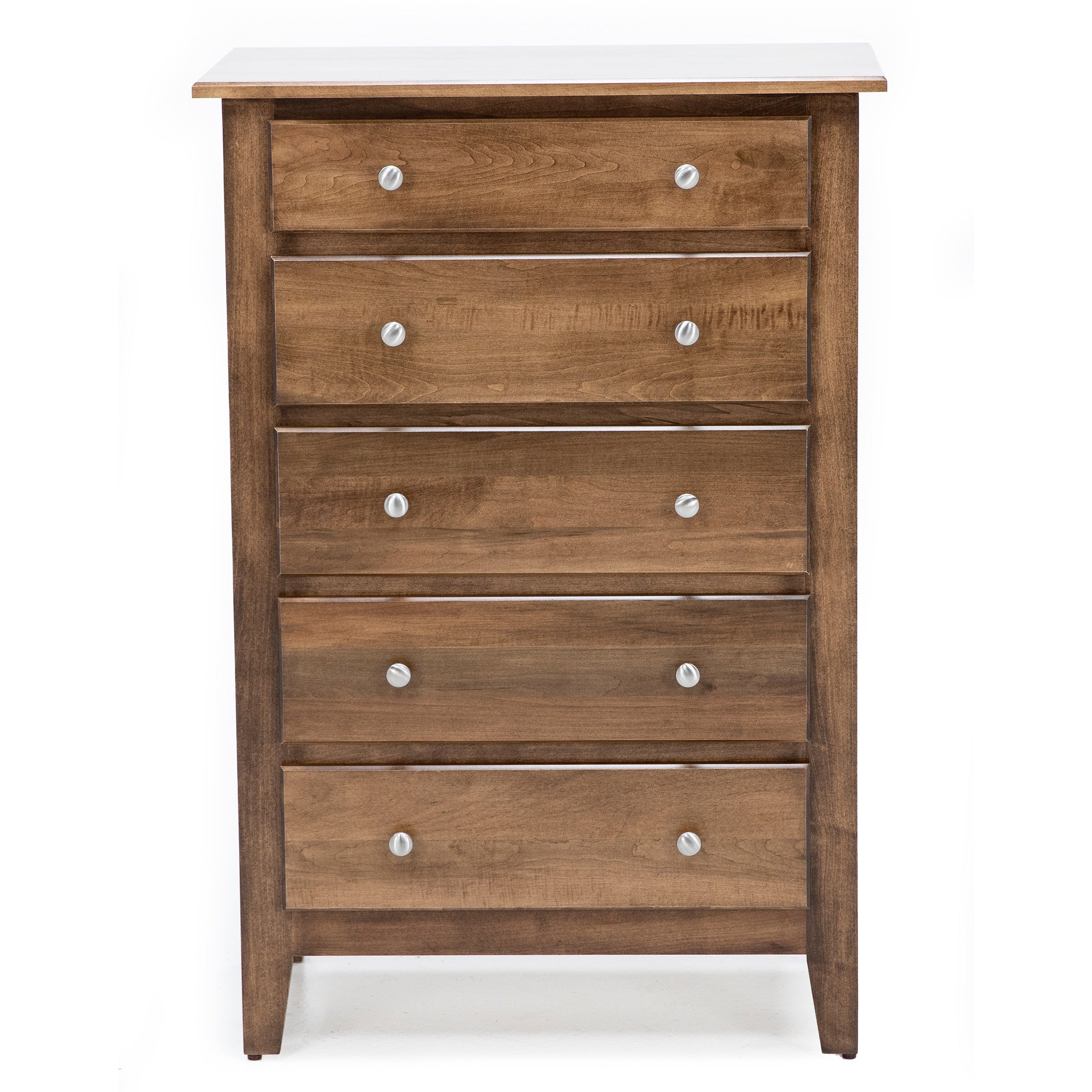 Brown wooden dresser with five drawers and silver knobs.