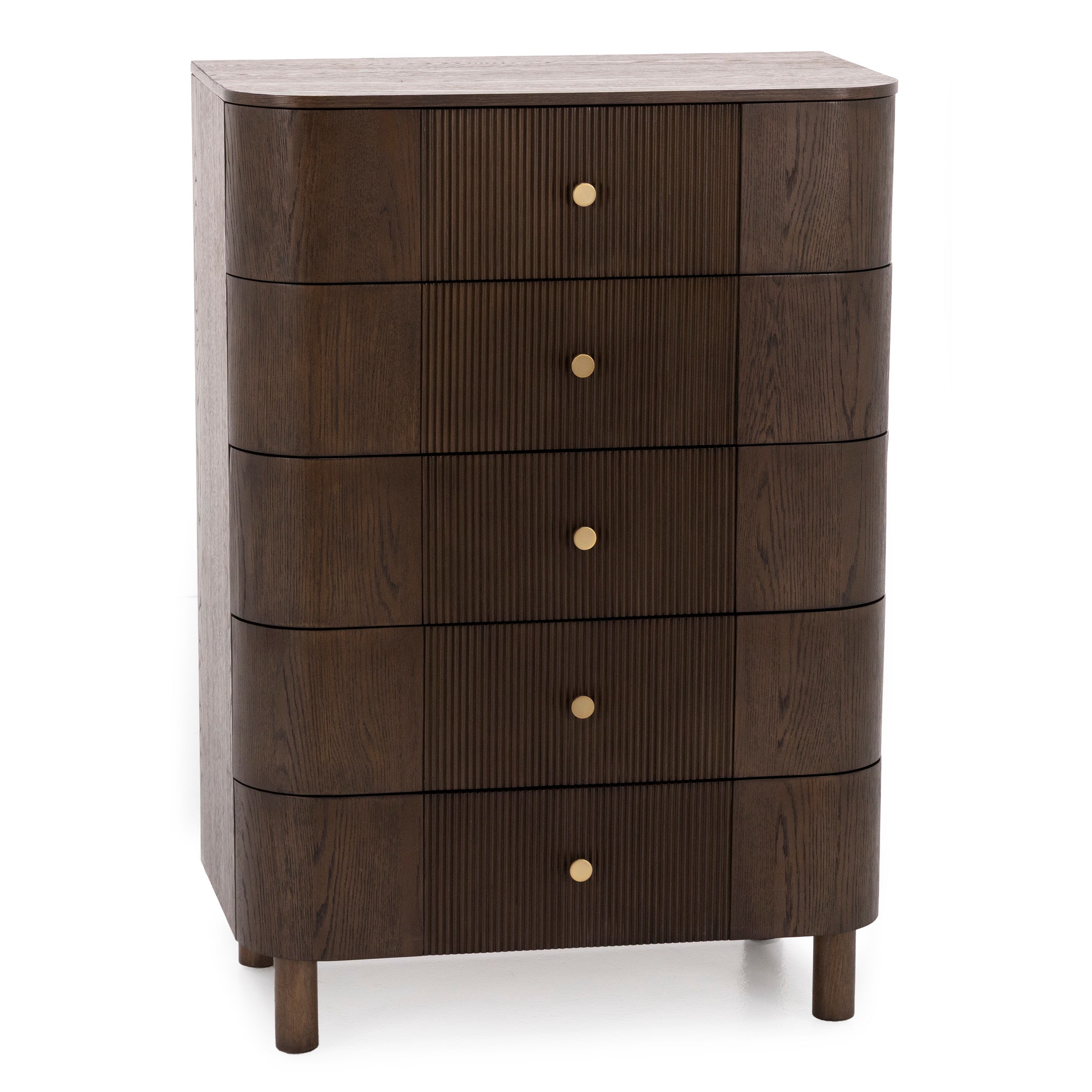 Dark wood chest with five drawers and gold knobs.