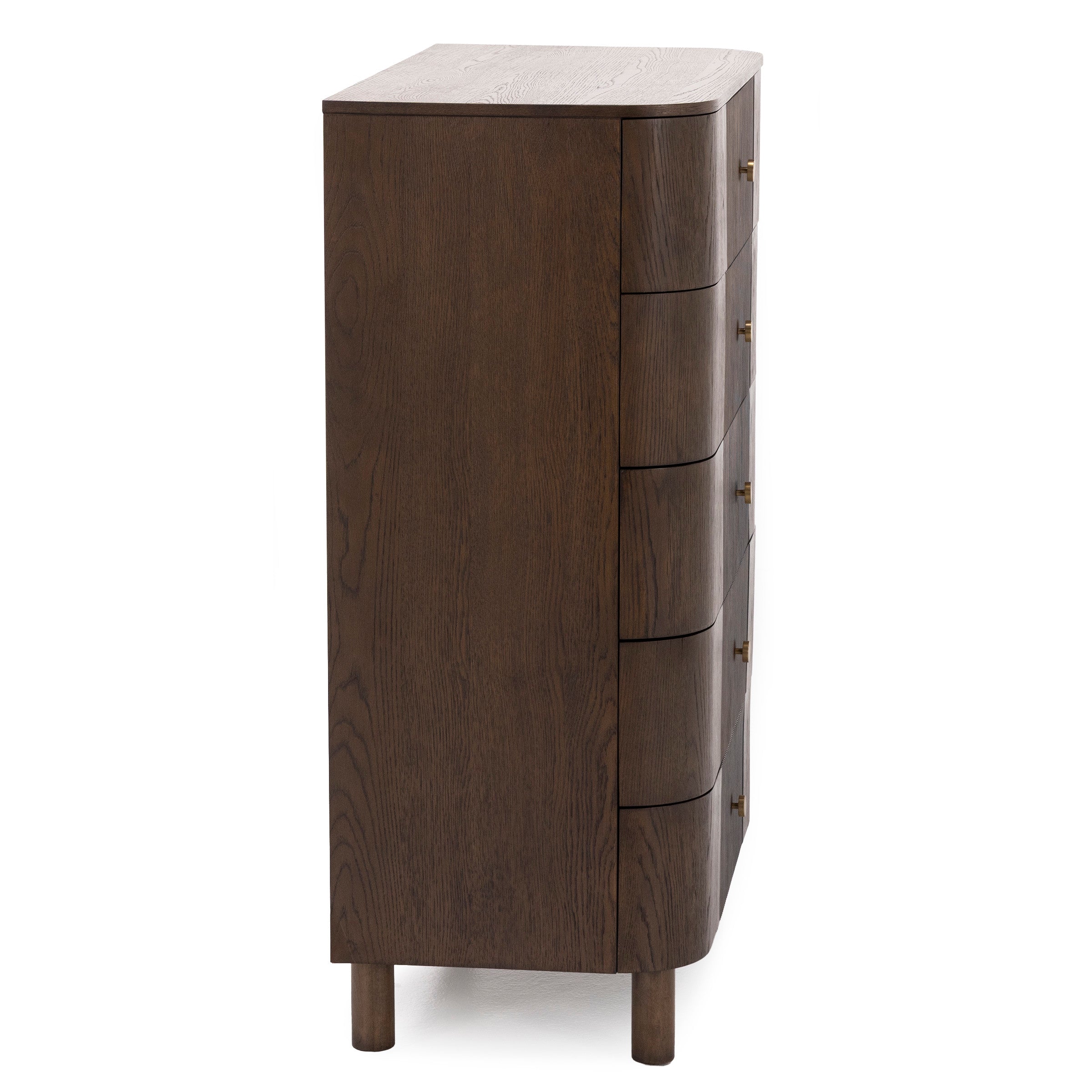 Side view of a dark wood dresser with four drawers and round brass knobs.