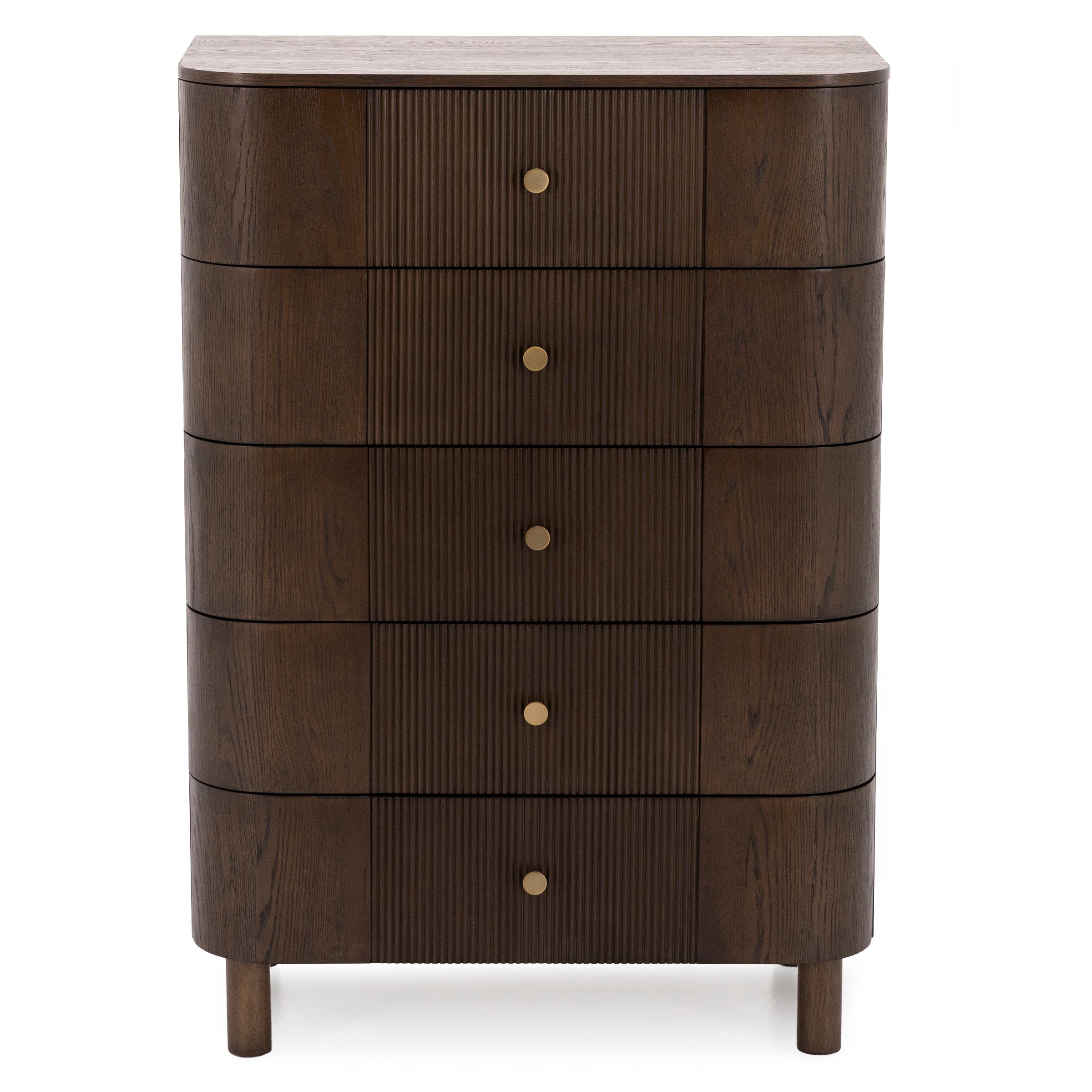 Dark wood dresser with five drawers and gold knobs.