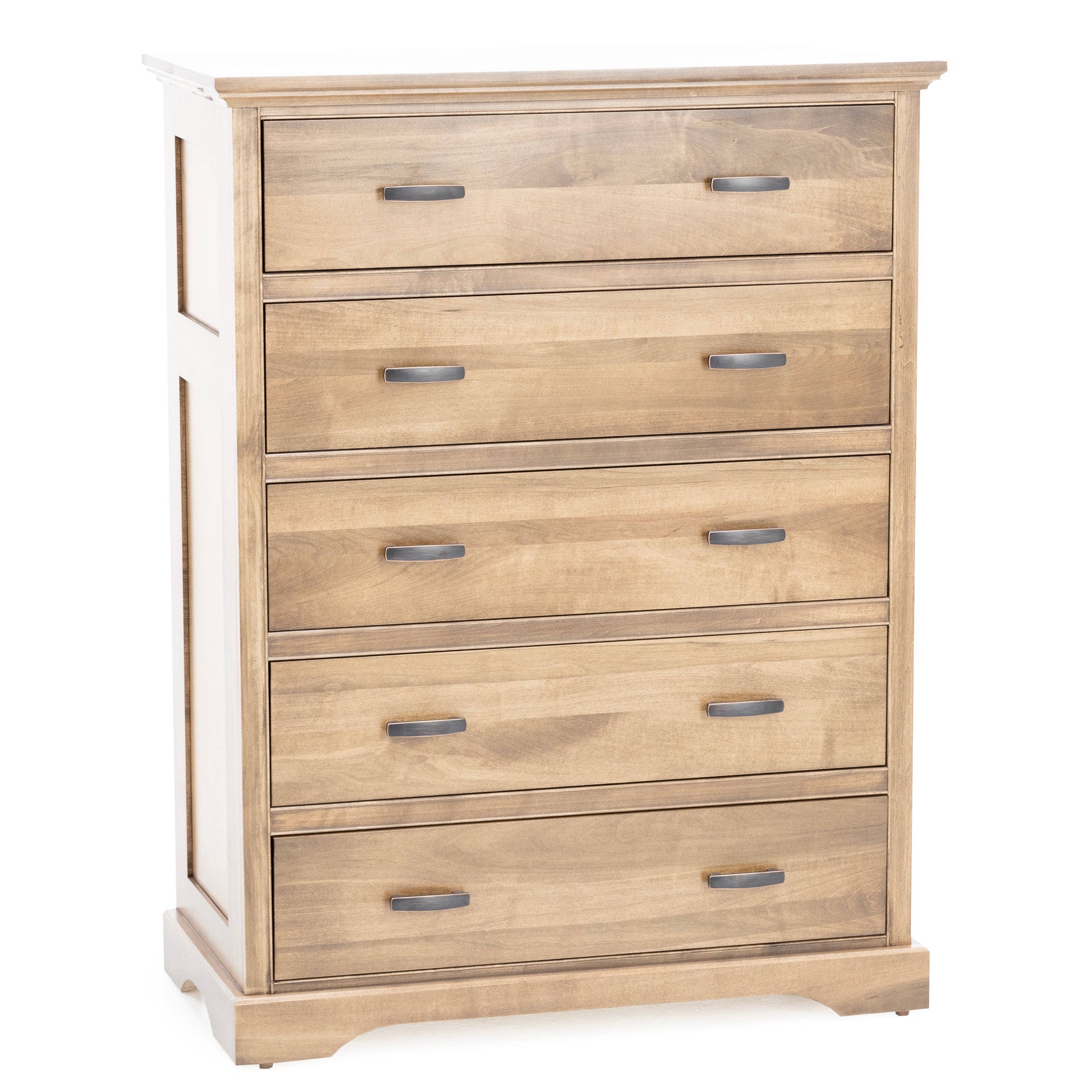 Light wood five-drawer dresser with metal handles.