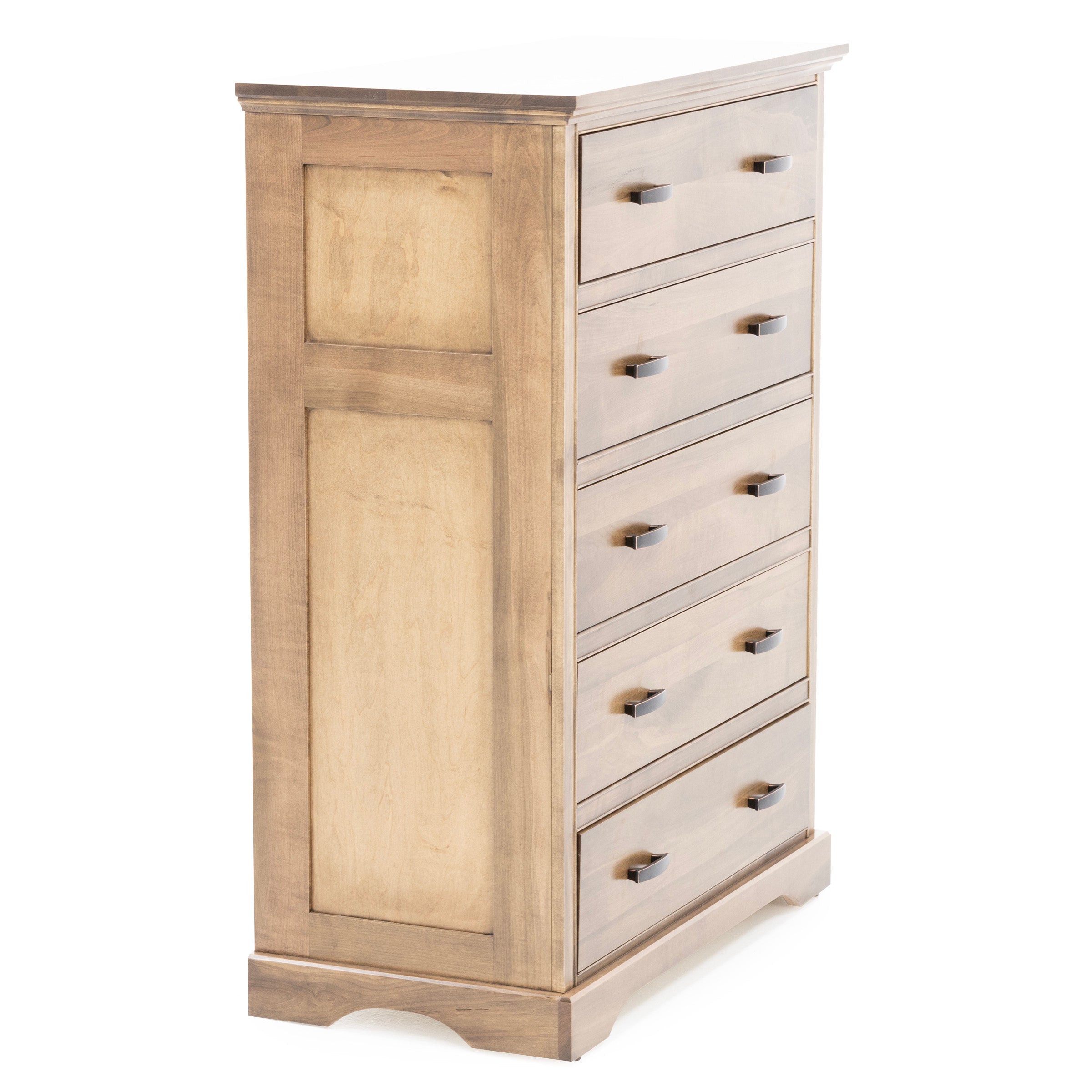 Angled view of a tall wood dresser with five drawers and black handles.